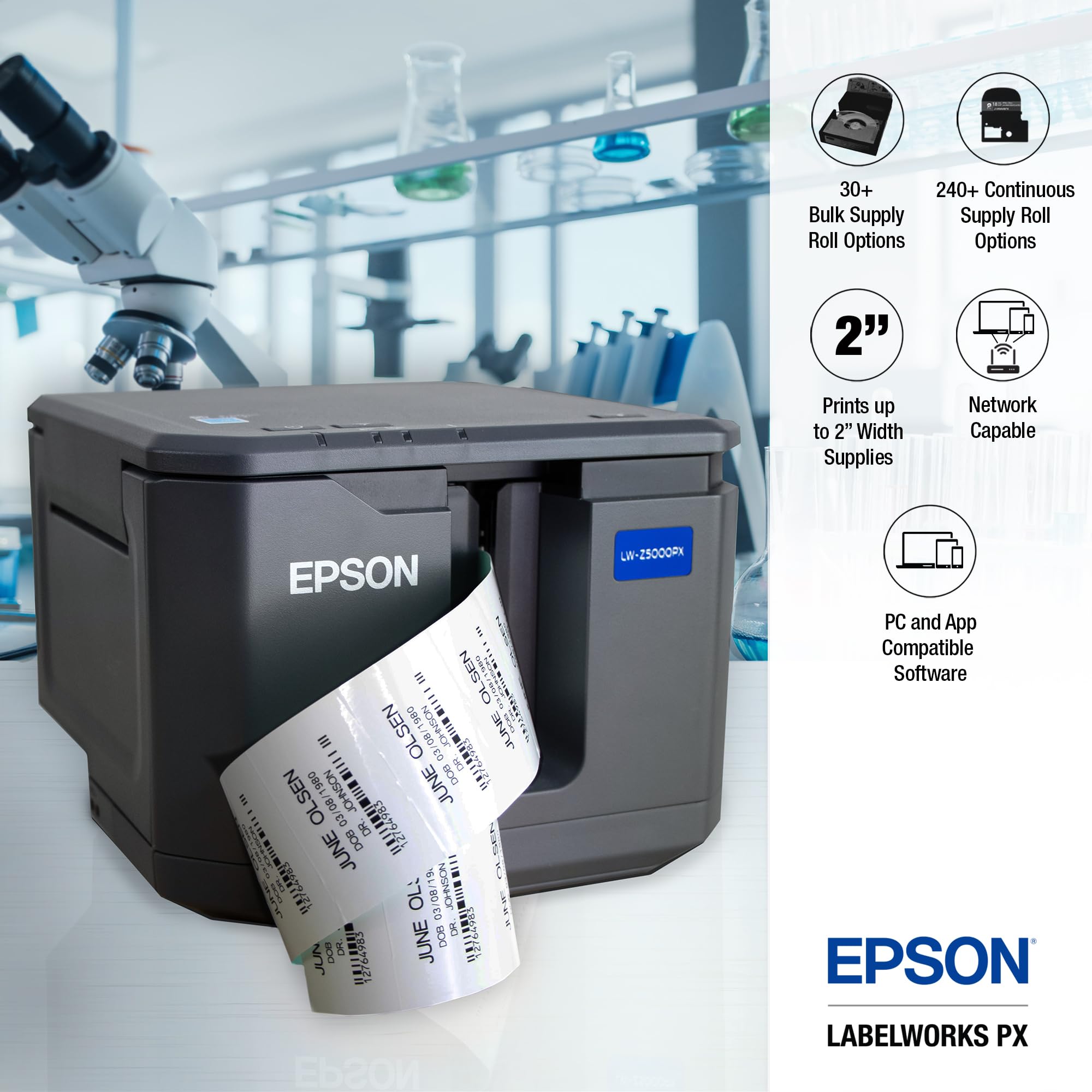 Epson LW-Z5000PX Industrial Label Maker Printer Kit with PX 147' Bulk Label Rolls - High-Speed Desktop Labeling for Warehousing, Shipping & Inventory Management