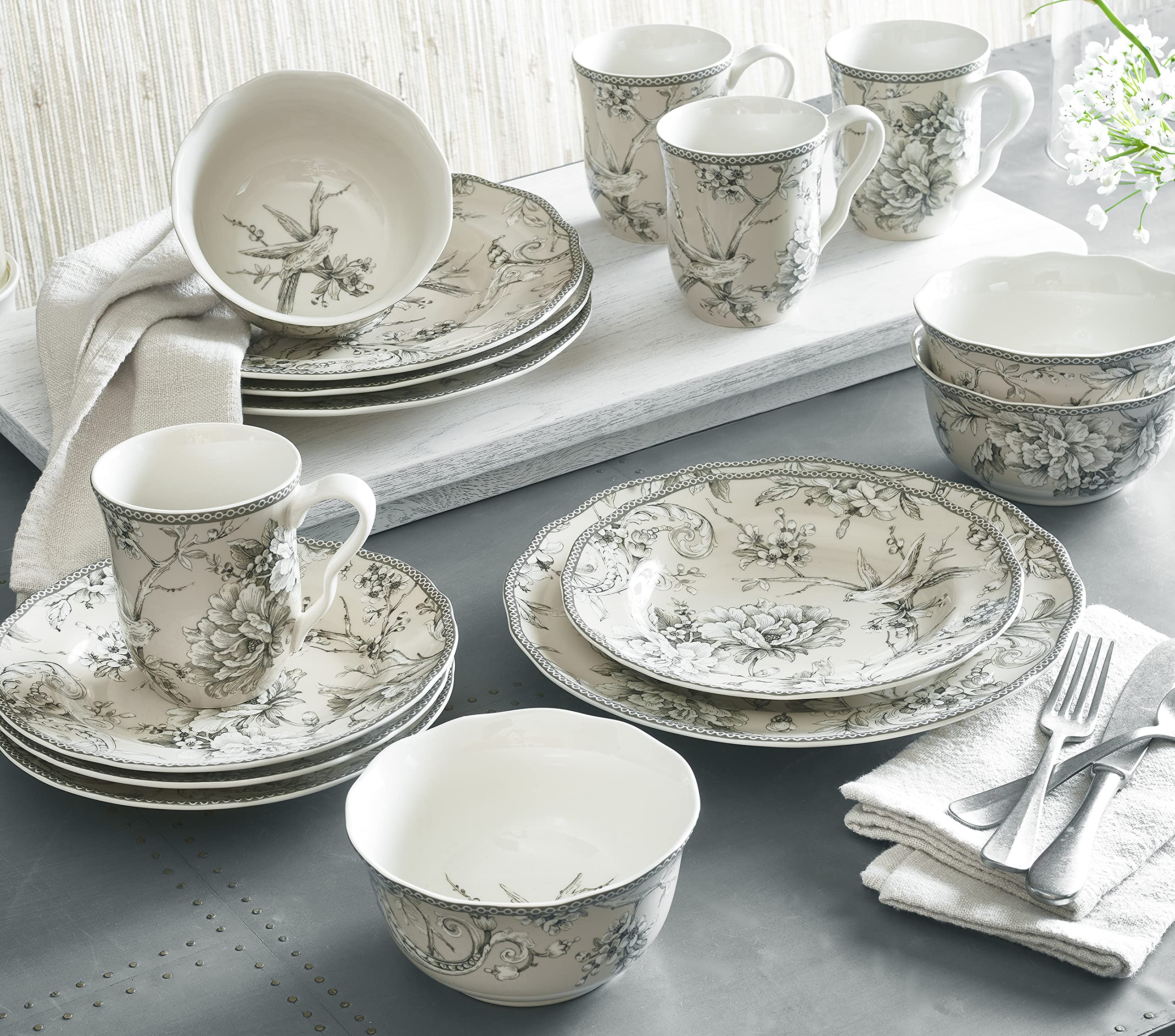 222-Piece Adelaide Porcelain Dinnerware Set - 16-Piece Round Plates, Bowls & Mugs in Antique White - Elegant Table Setting for Dinner Parties, Holidays & Everyday Use