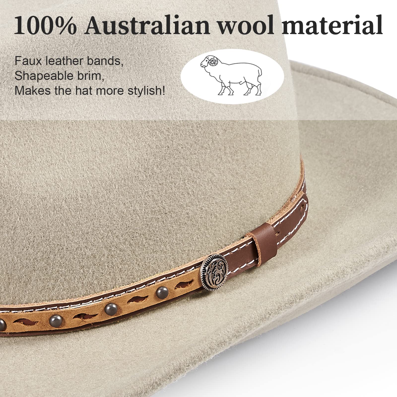 100% Wool Cowboy Hat for Women & Men - Wide Brim Western Cowgirl Hat, Felt Outback Rancher Panama Hat | Perfect for Country Rodeo, Music Festivals & Outdoor Adventures