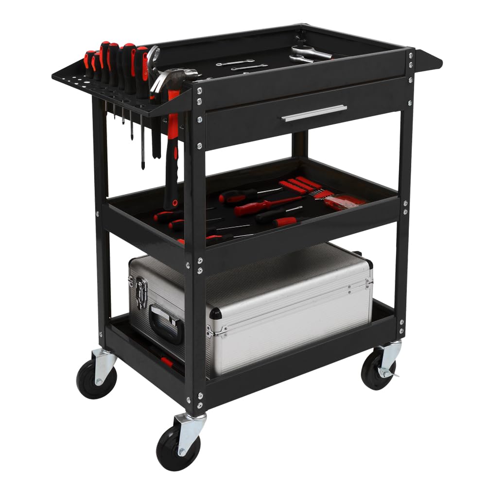 TUFFIOM 3-Tier Heavy Duty Rolling Tool Cart with Drawer & Wheels - 330 LBS Capacity Industrial Utility Cart with 2 Brakes - Perfect Tool Organizer for Mechanics, Garage, Warehouse & Repair Shop - Ideal for Automotive, DIY Projects & Workshop Organization