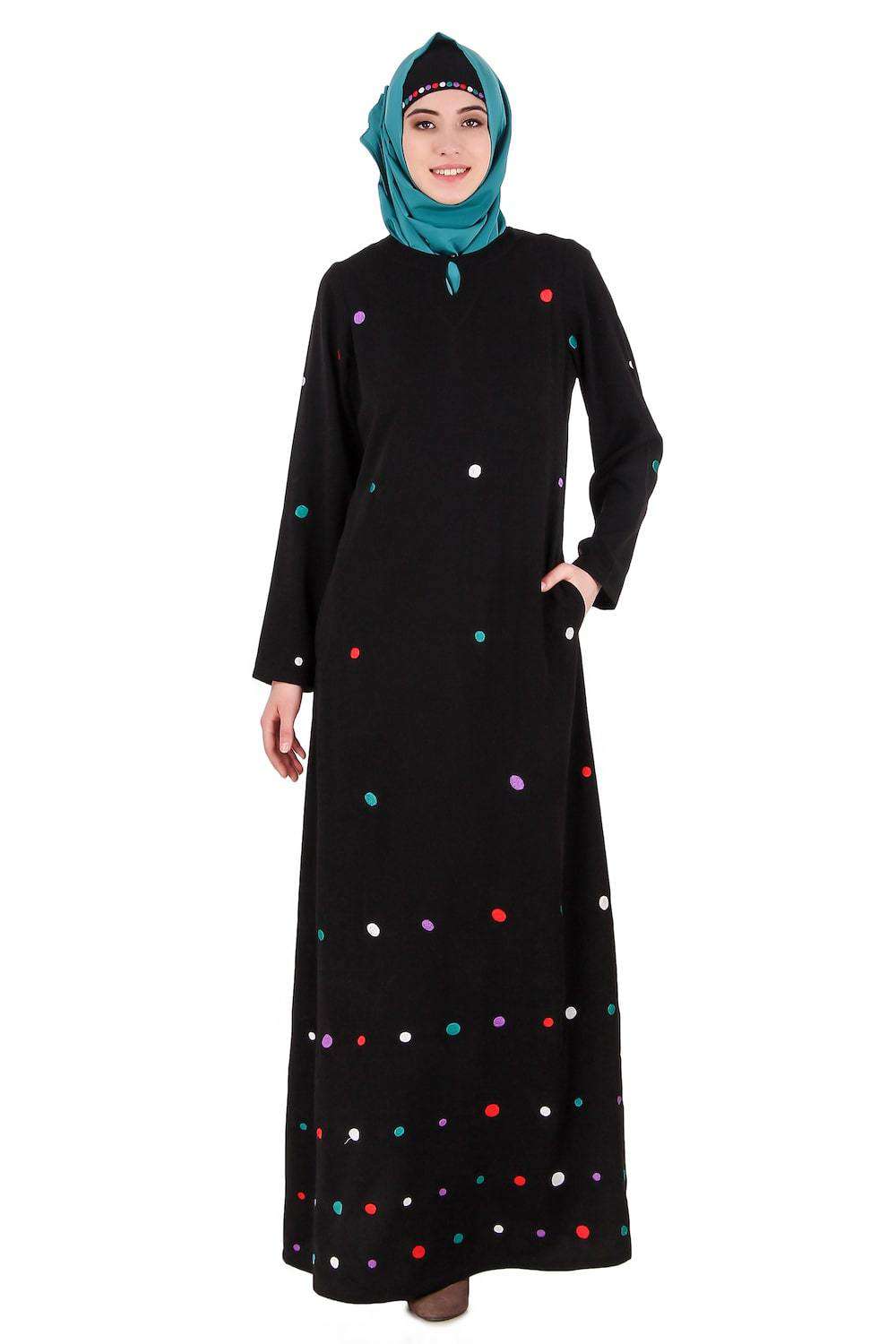 Elegant Embroidered Polka Dot Abaya Dress for Women - Modest Islamic Fashion - Perfect for Prayer, Eid, Wedding & Special Occasions