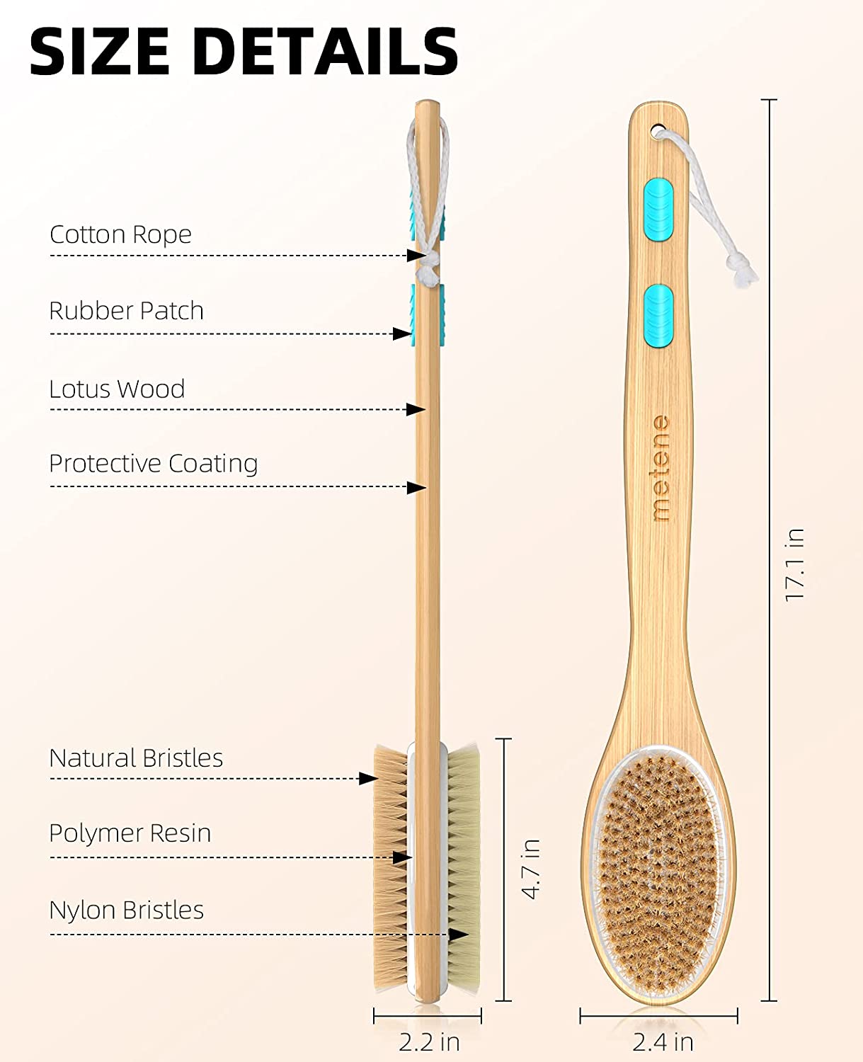 Metene Dual-Sided Shower Brush with Soft & Stiff Bristles - Long Handle Back Scrubber with Hook - Perfect for Exfoliating & Deep Cleaning in Bath or Shower