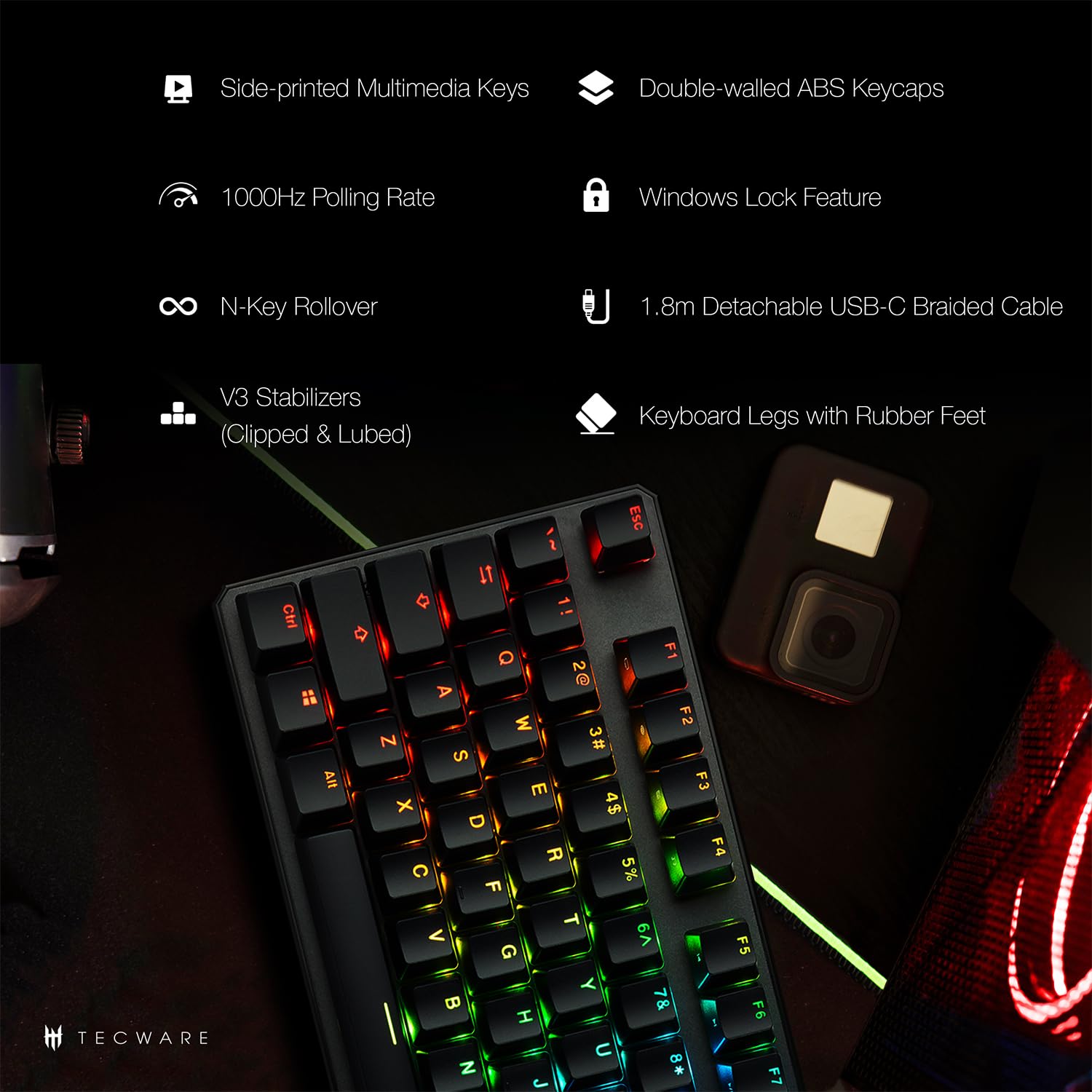 TECWARE Phantom+ 87 Key Mechanical Gaming Keyboard with RGB Backlight - Compact 75% TKL Design, Wraith Red Switches for Thocky Sound | Perfect for Esports, Office Work & Typing Enthusiasts
