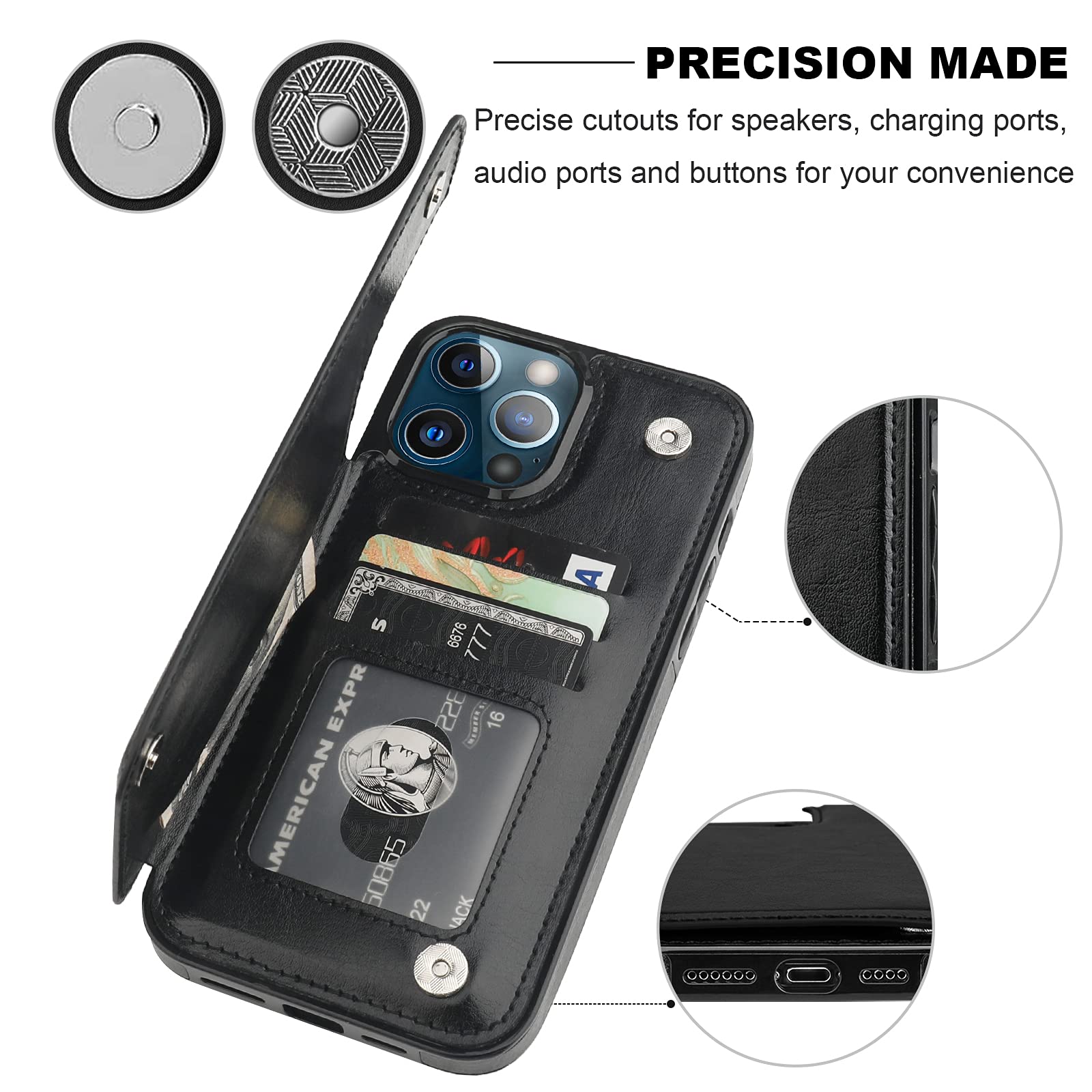 Premium PU Leather iPhone 13 Pro Max Wallet Case with Card Holder & Kickstand - 6.7 Inch Shockproof Protective Cover with Double Magnetic Clasp (Black) - Perfect for Daily Commute, Travel & Hands-Free Viewing
