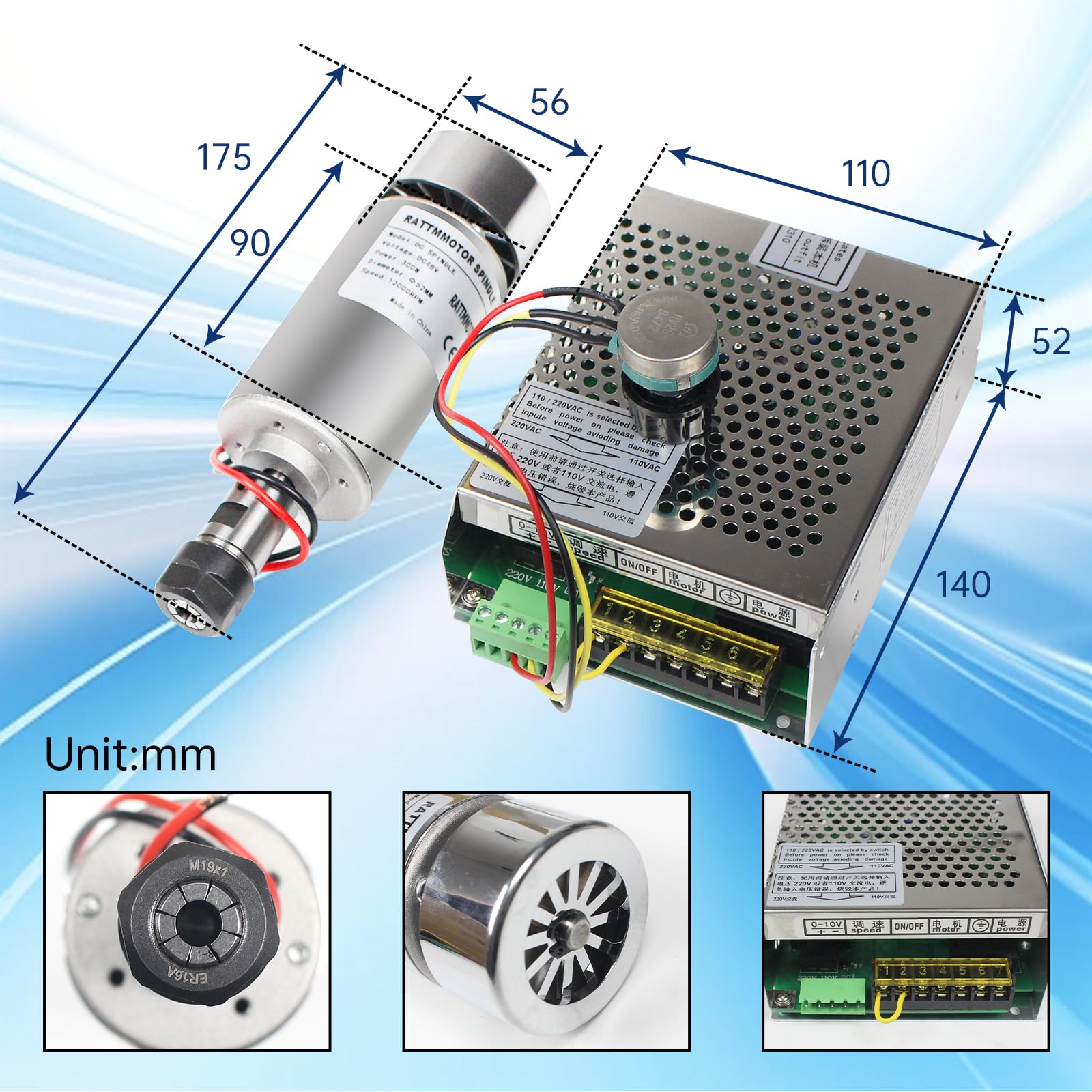 300W ER16 Air Cooled CNC Spindle Motor Kit 52mm 12-48V DC 12000RPM with Power Converter - Perfect for CNC Router Engraving, Milling & Woodworking Projects