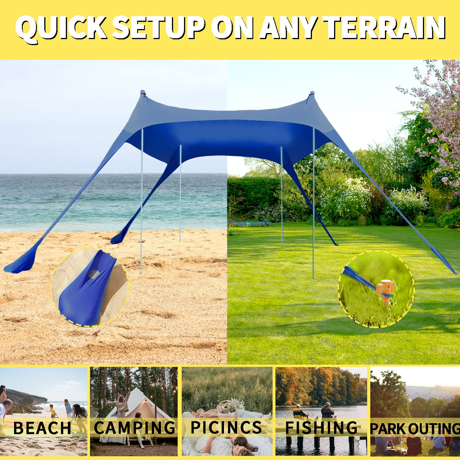 AMOSSO 10x10FT Pop Up Beach Tent with UPF50+ Sun Protection - Portable Sun Shelter with 4 Aluminum Poles, 8 Elastic Ropes & Sand Shovel - Perfect for Camping, Fishing, Backyard & Beach Days (Royal Blue)