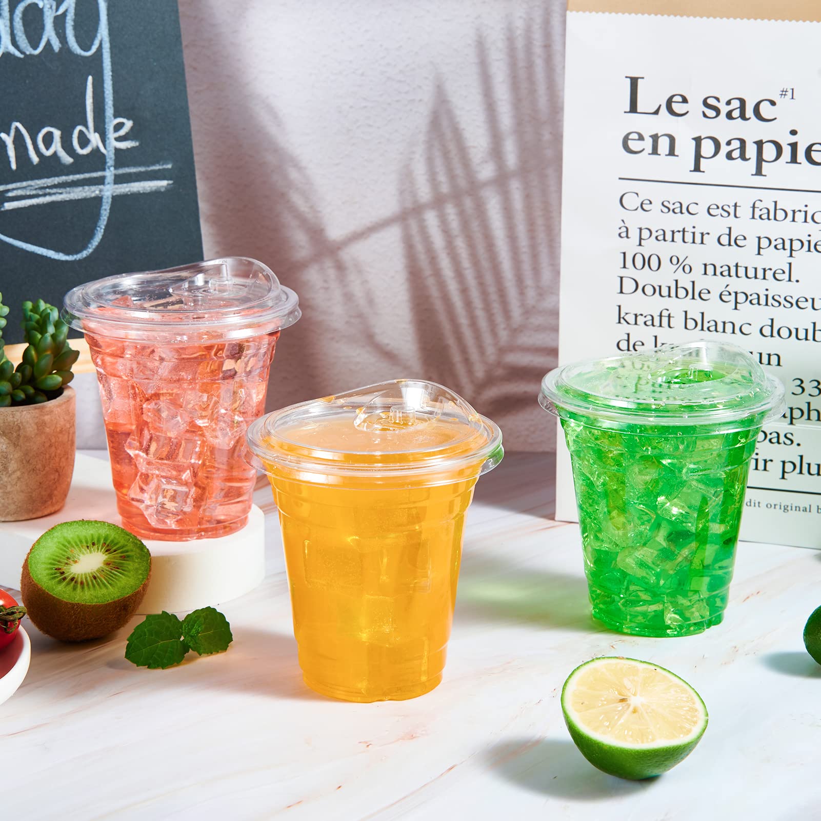 Lilymicky 100-Pack 12 oz Clear Disposable Plastic Cups with Strawless Sip Lids - Perfect for Iced Coffee, Smoothies, Slurpees & Cold Drinks - Ideal for Parties, Picnics, BBQs & Office Use
