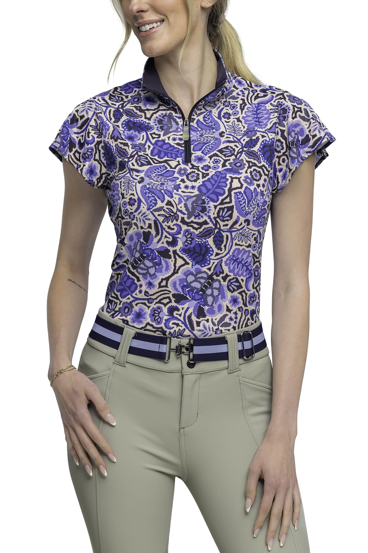 Kastel Denmark Women's UPF 30 Printed Short Sleeve Sun Shirt - Moisture Wicking 1/4 Zip Golf Polo for Equestrian & Outdoor Activities | Perfect for Golf, Horseback Riding & Summer Sports