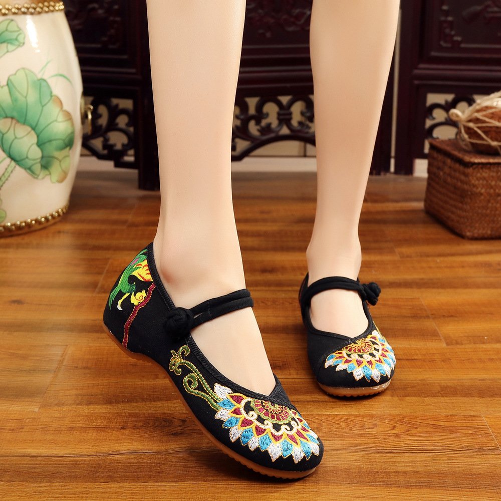 Qhome Women's Fashion Buddhism Totem Embroidery Casual Chinese Mary Jane Flats Shoes - Comfortable & Stylish Slip-Ons for Daily Wear, Work, and Cultural Events