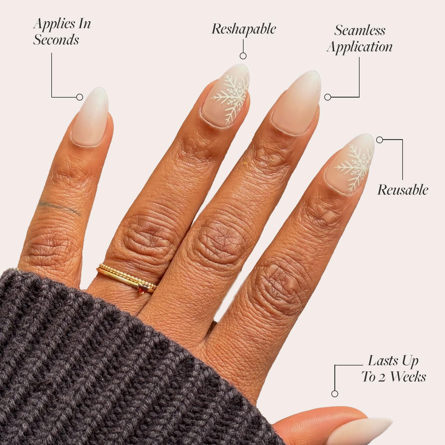 Glamnetic Press On Nails - Snowdrift | Opaque Gradient Ombre & Snowflake Design Short Almond Fake Nails, Reusable Stick On Nails with Glue | Salon Quality Manicure | 15 Sizes - 30 Piece Kit | Perfect for Holidays, Parties & Special Occasions