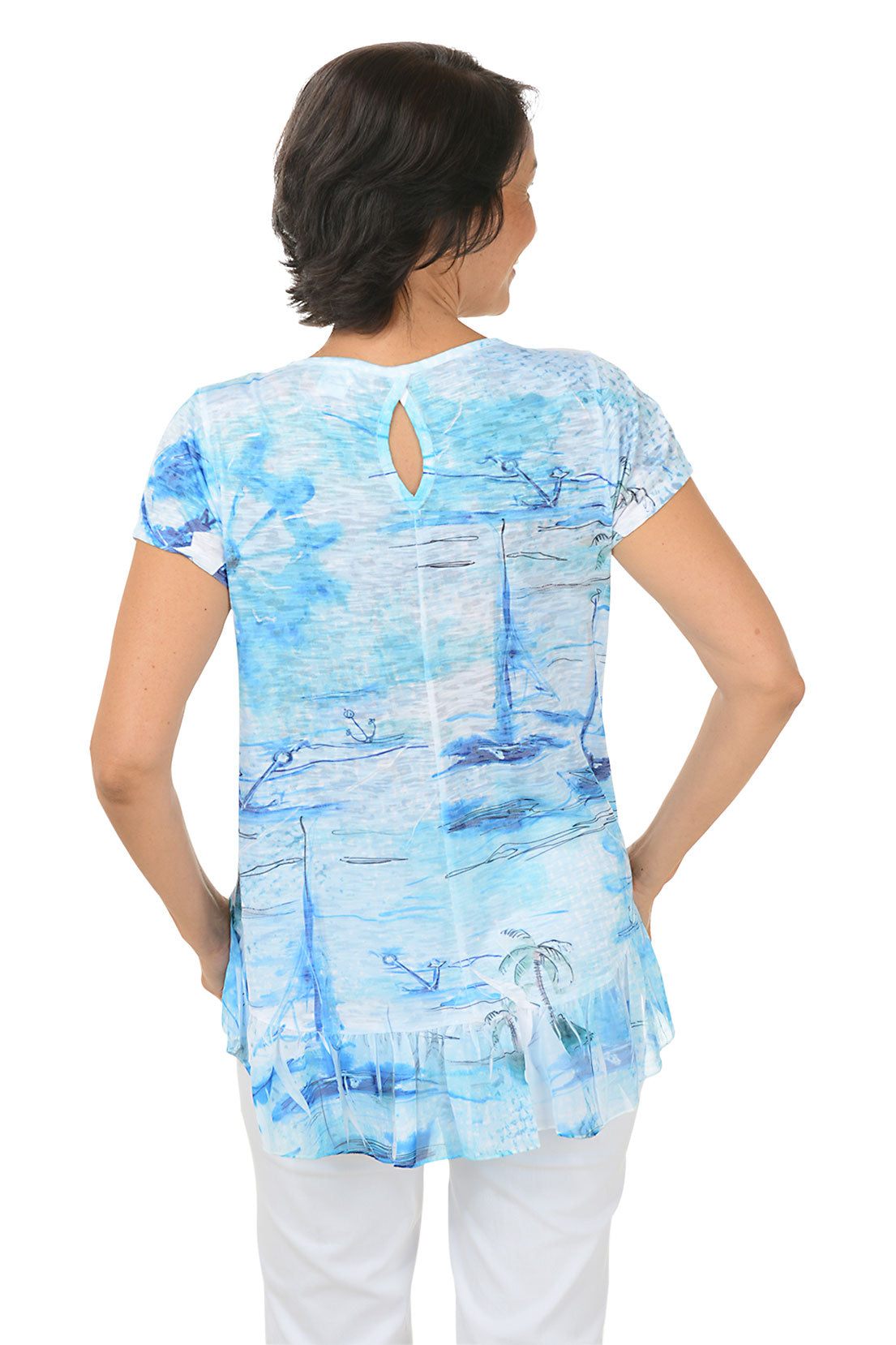 Petite Seaside Boardwalk Burnout Knit Top for Women - Soft Summer Beachwear, Casual Vacation Outfit, Boho Style Layering Piece for Seaside Strolls & Beach Getaways