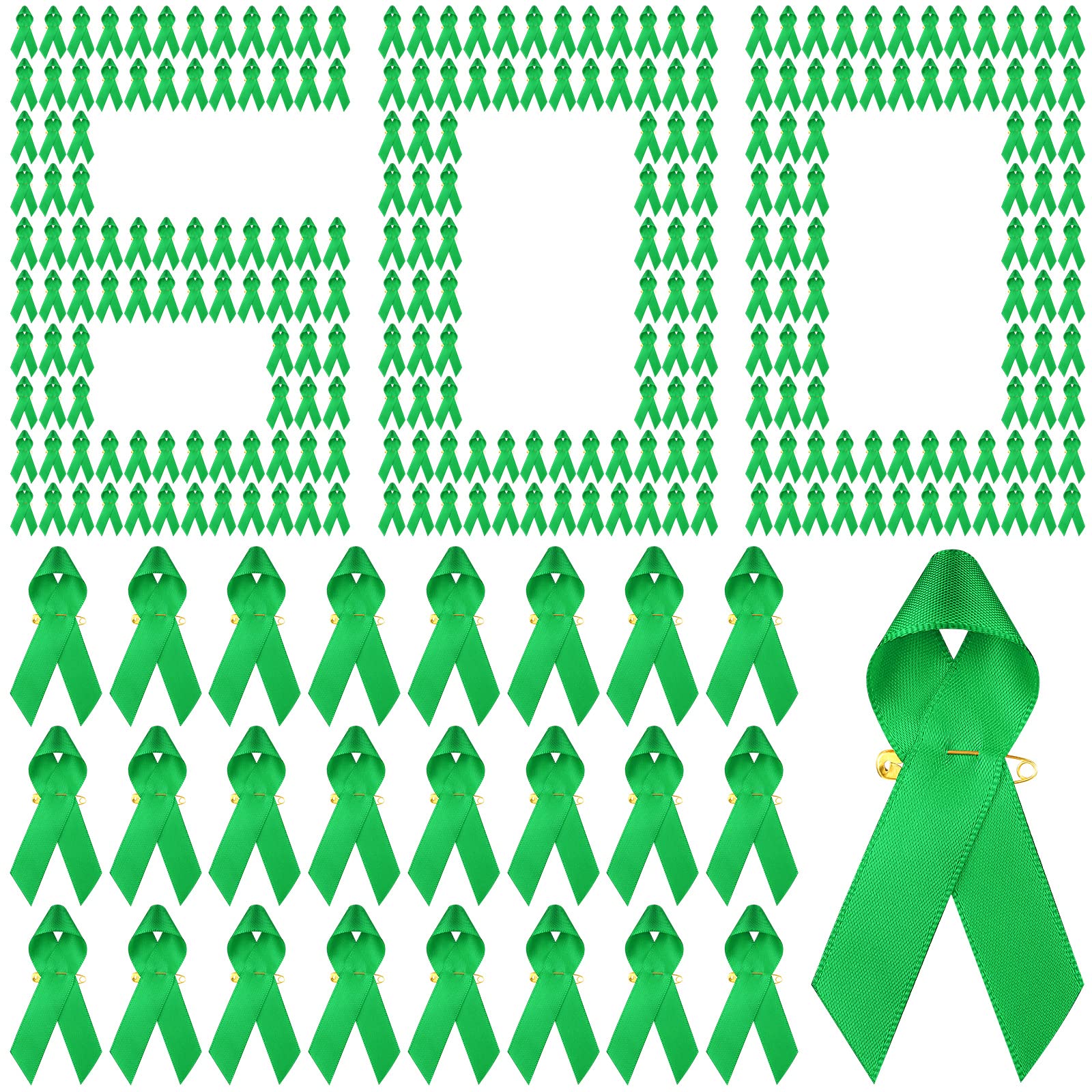 Bulk Green Satin Mental Health Awareness Ribbon Pins - 100pcs Lapel Pins with Safety Pins for Charity Events, Fundraisers & Social Causes - Perfect for Men & Women Supporting Mental Health Awareness Campaigns