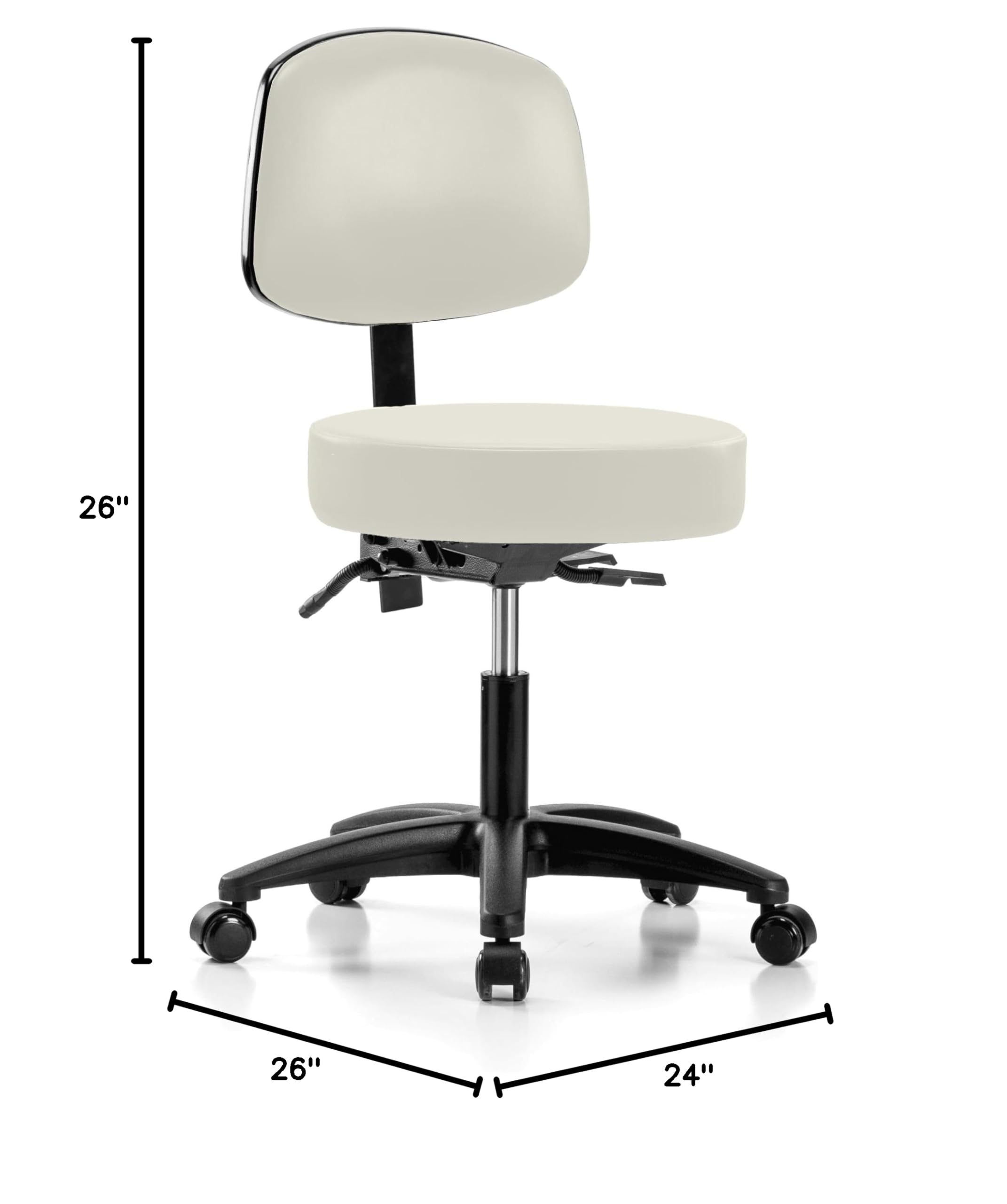 Perch Walter Adjustable Rolling Doctor Stool with Back Support - 300 lb Capacity for Carpet & Linoleum Floors | Off-White Vinyl | Perfect for Medical Offices, Home Desks & Beauty Salons