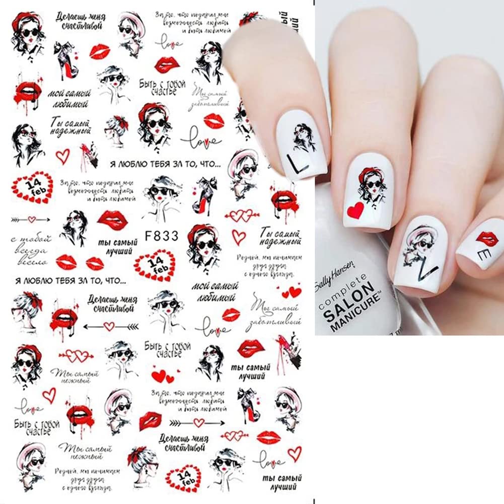 3D Heart Nail Art Stickers - Self-Adhesive Valentine's Nail Decals with Love Hearts, Lips, Roses & Letters (6 Sheets) | Perfect for Romantic Nail Designs, Valentine's Day Gifts & DIY Nail Art Decorations