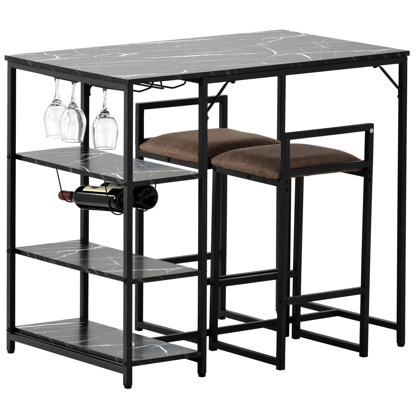 VERYKE 3-Piece Counter Height Dining Set with 2 Upholstered Bar Stools, 3 Open Storage Shelves, 4 Glass Holders & 2 Wine Racks - Perfect for Small Spaces, Breakfast Nooks, and Modern Kitchen Bars (Black)