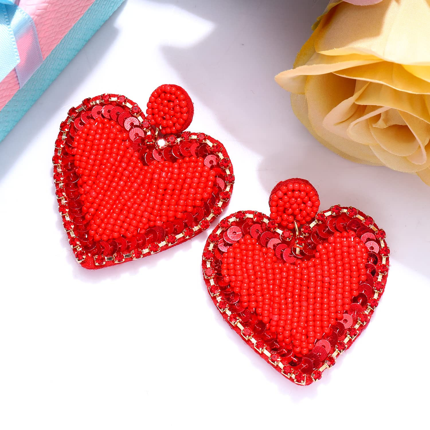 Handmade Boho Beaded Valentine Earrings for Women - Rhinestone Heart Drop Dangle Earrings with Sequin Details | Perfect for Mother's Day, Valentine's Day & Festival Gifts | Elegant Statement Jewelry for Date Nights, Weddings & Special Occasions
