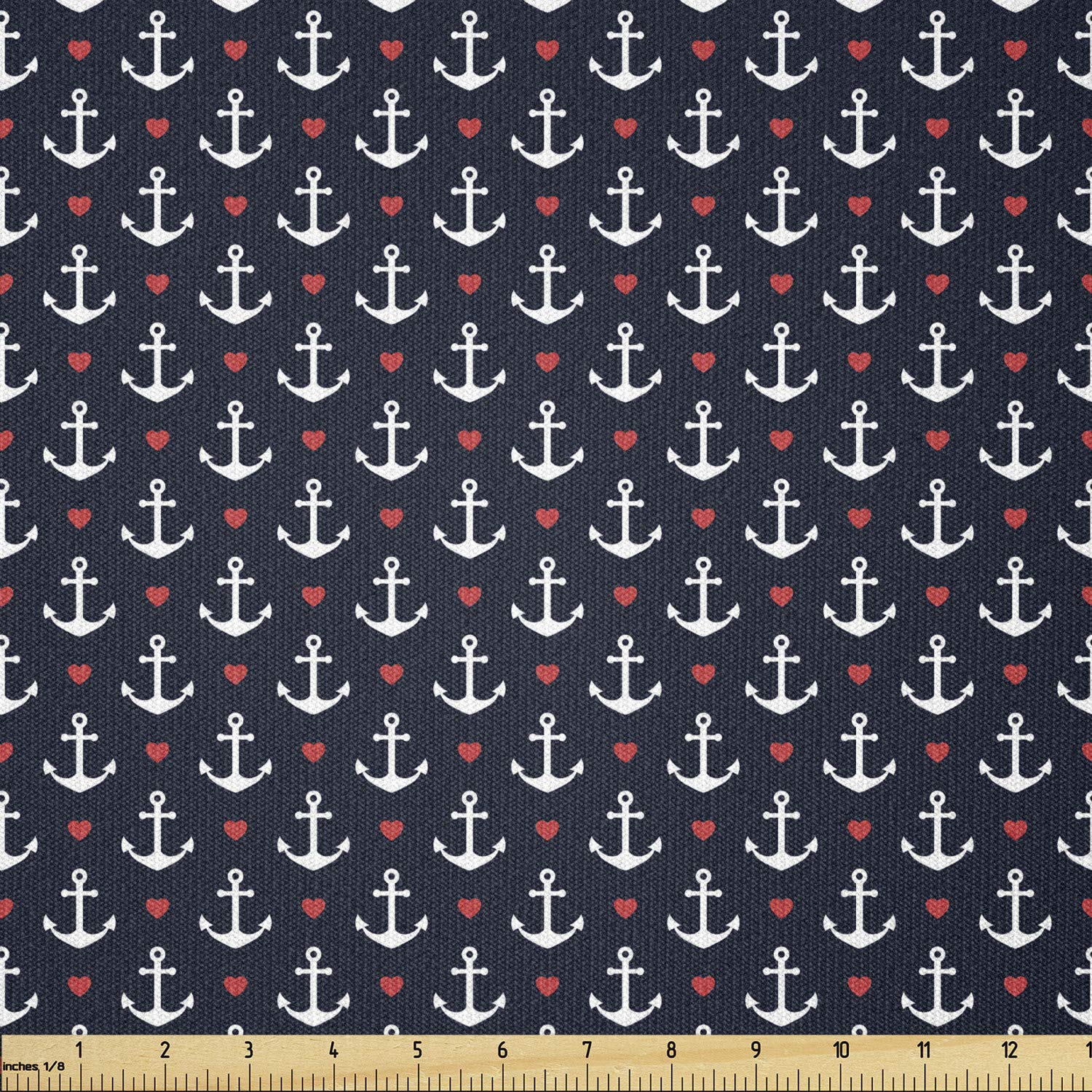 Ambesonne Anchor Fabric by The Yard - Small White Anchors & Red Hearts Stretch Knit Fabric for Clothing, Sewing & DIY Crafts (Black/White/Red) | Perfect for Romantic Vacation Apparel, Home Decor & Gift Projects