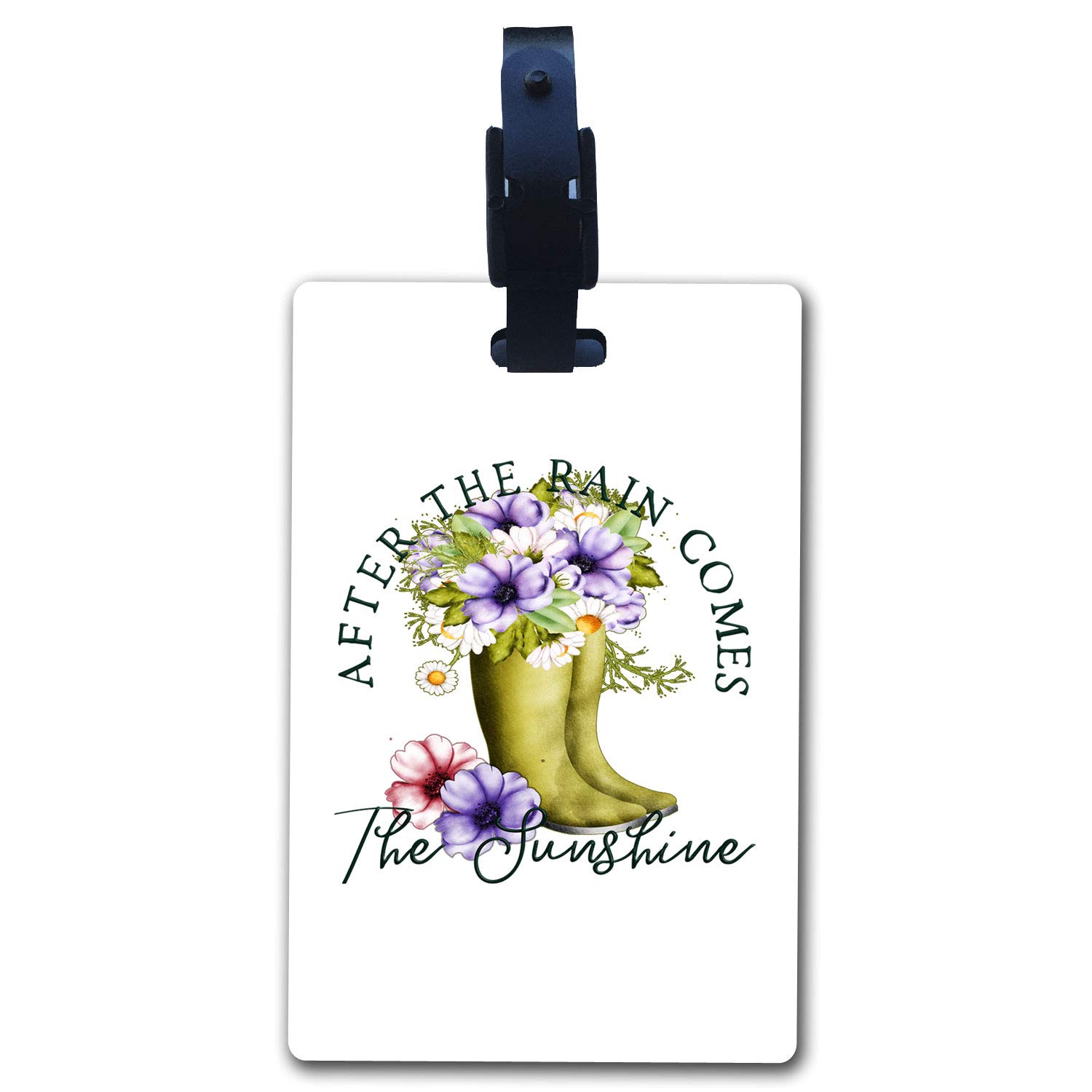 BRGiftShop Waterproof Luggage Tags - Floral Spring Flowers Design, Durable Rainboots Style - Perfect for Travel, Suitcases, Backpacks & Gifts - After The Rain Comes Sunshine Motto