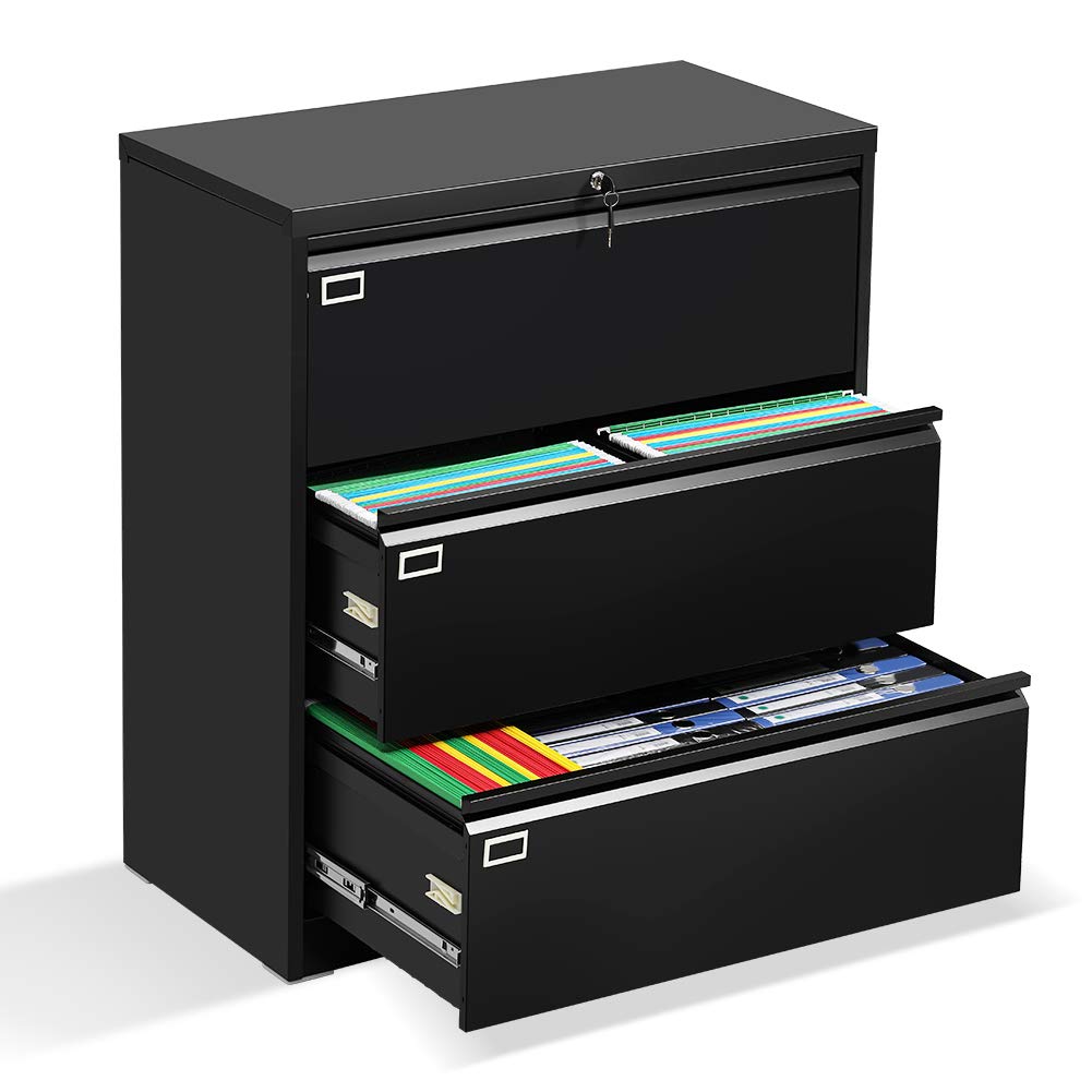 Pataku 3-Drawer Metal Lateral File Cabinet with Lock - Steel Office & Home Filing Cabinet for Letter, Legal, F4, A4 Hanging Files - Wide Organization Storage Solution for Documents (Black) | Perfect for Home Offices, Corporate Workspaces & School Classrooms