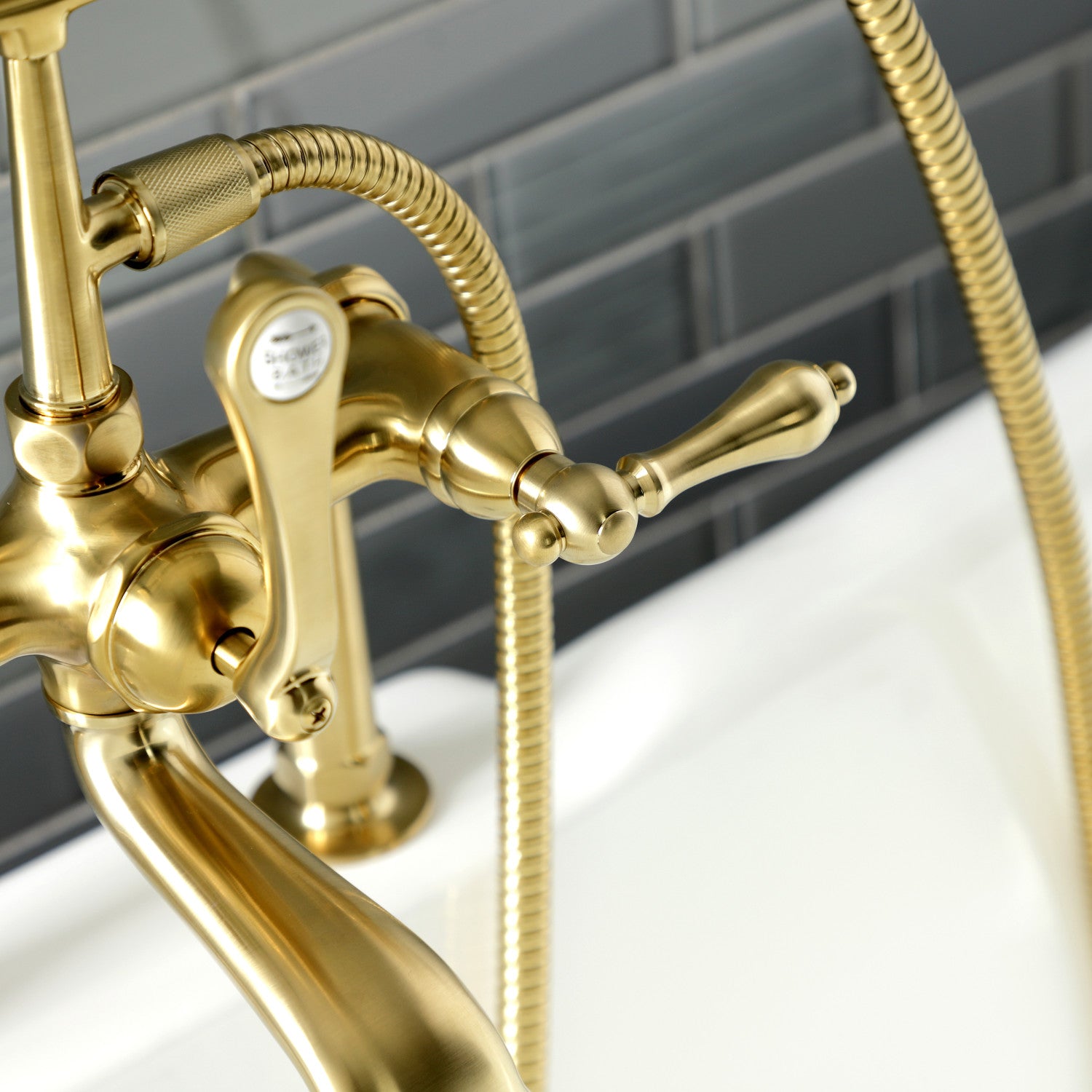 Vintage AE103T7 3-Handle 2-Hole Deck Mount Clawfoot Bathtub Faucet with Hand Shower in Brushed Brass - Perfect for Classic Bathroom Renovations & Luxury Spa Retreats