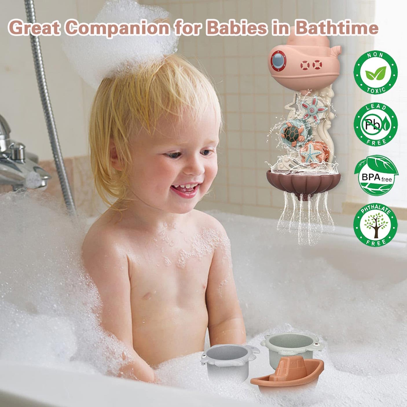 AESTEMON Bath Toys for Toddlers 1-3 Years - Fun & Safe Baby Bath Toys with Cute Sea Animal Spinning Gears & Cups | Perfect Gift for 1 2 3 Year Old Boys & Girls | Great for Bathtime Play & Early Learning Development