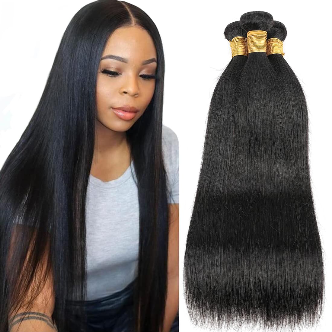 Brazilian Virgin Hair Extensions 3 Bundles - 100% Unprocessed Straight Human Hair 12/14/16 Inch Natural Black (100g±5g) | Heat Resistant & Dyeable | Perfect for Daily Styling, Parties & Special Occasions
