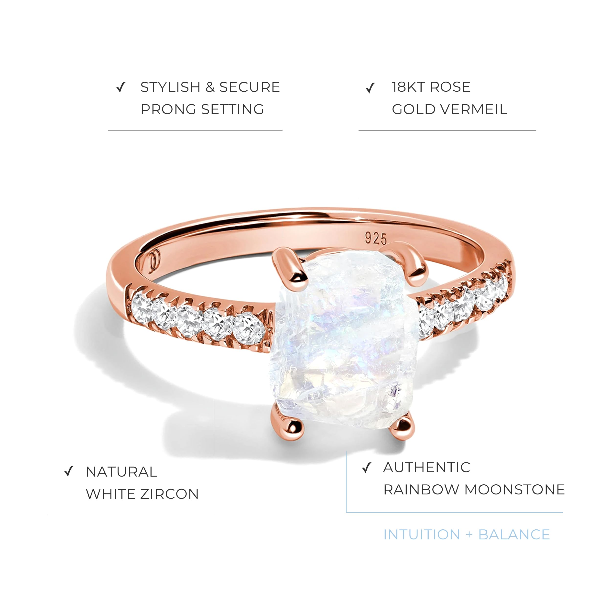 Moon Magic - Genuine Moonstone, Amethyst, Rose Quartz & Aquamarine Rings in 925 Sterling Silver & 18K Rose Gold - Raw Crystal Jewelry for Women | Perfect for Spiritual Healing, Meditation & Boho Fashion