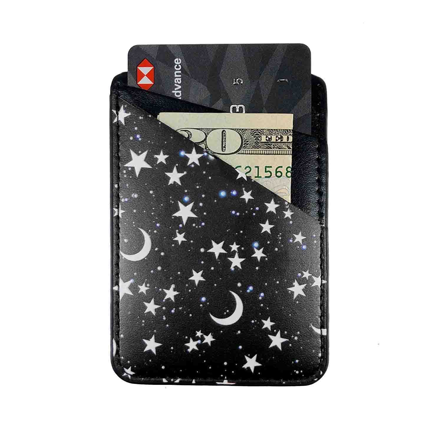 Black Stars Moon Adhesive Phone Wallet - Credit Card Holder Sticker for iPhone, Samsung & Android Smartphones | Slim Pocket Pouch for Everyday Use, Travel & Hands-Free Convenience