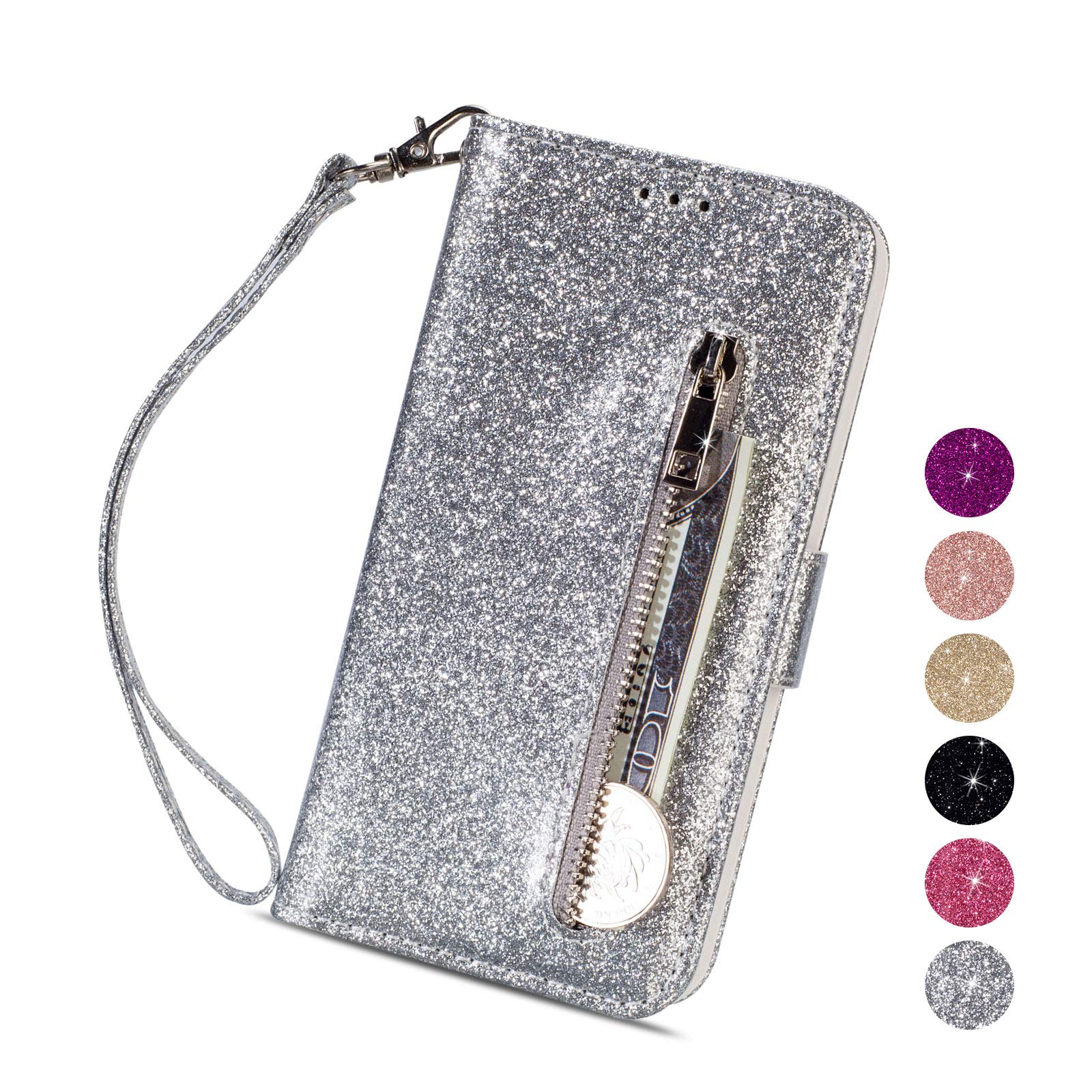 Shiny Glitter Leather Wallet Case for Samsung Galaxy S10 (2019) 6.1 Inch - Magnetic Clasp Stand & Card Holder | Zipper Purse Phone Cover | Perfect for Travel, Work & Everyday Use - Silver