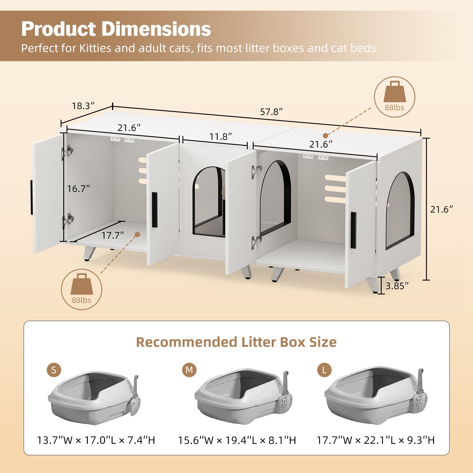 Large Cat Litter Box Enclosure Furniture for 2 Cats - Dual Storage Cabinet with Scratching Mat & Toy Ball - White - Perfect for Indoor Cat Owners & Small Spaces