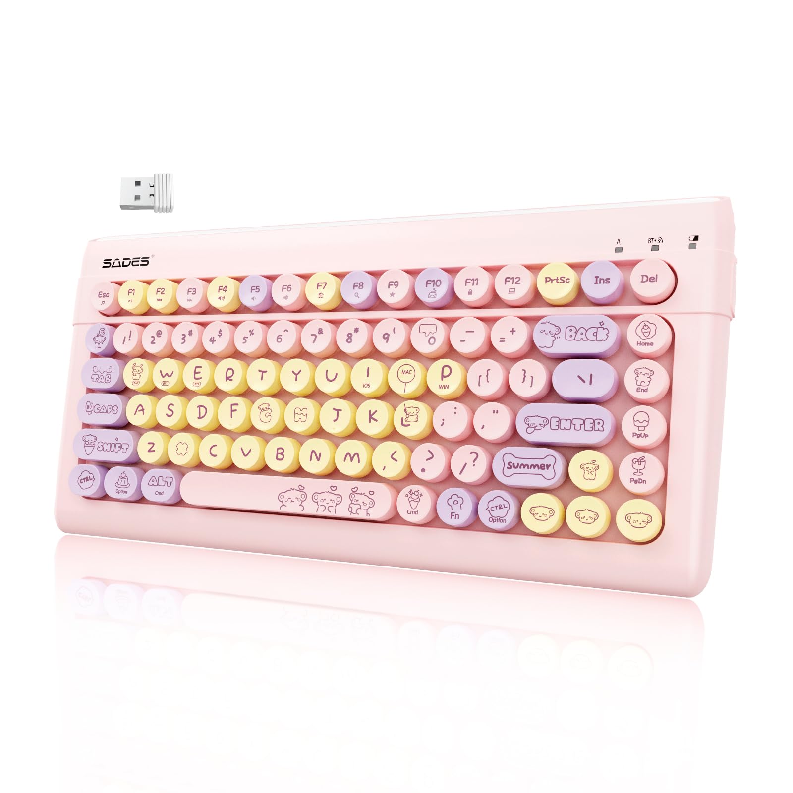 Pink Wireless Bluetooth Keyboard for iPad, Tablet, Mac, PC, Laptop & Smartphone - Cute Typewriter Style with Round Raised Keycaps, Colorful Mini Keyboard for Kids, Girls & Women | Perfect for Typing, Gaming, Office Work & School Projects