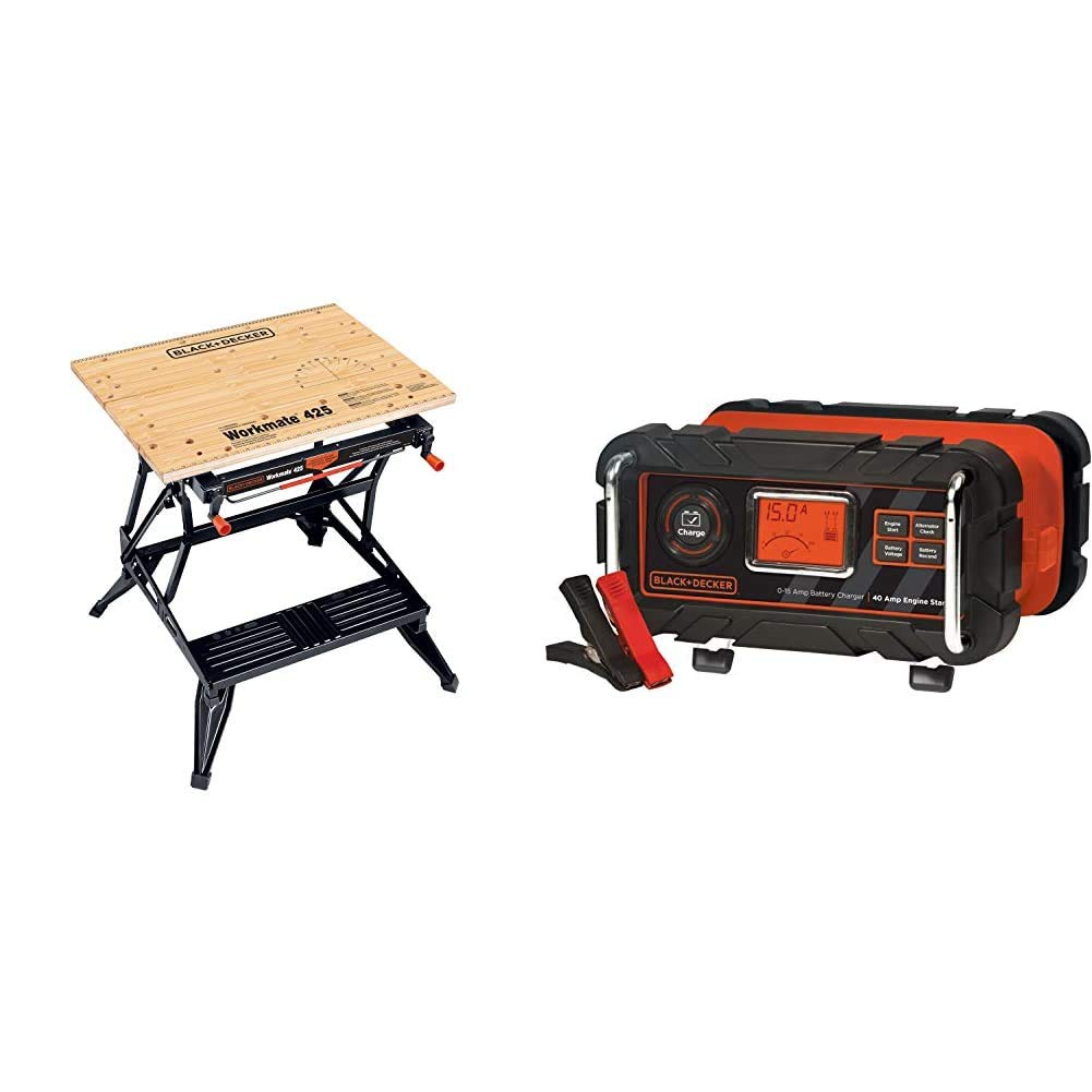 BLACK+DECKER Portable Workbench with Vise & 15A 12V Battery Charger/Maintainer - 40A Engine Start (WM425-A & BC15BD) | Heavy-Duty Workbench for DIY Projects, Woodworking & Auto Repair