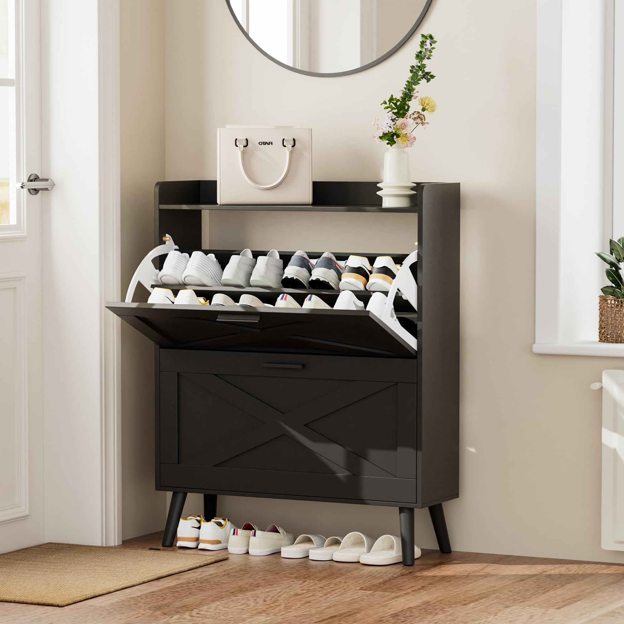 Farmhouse Shoe Storage Cabinet with 2 Flip Drawers & Barn Door Design - Adjustable Shelves Modern Hidden Slim Narrow Shoe Rack for Entryway, Foyer, Hallway - Perfect for Organizing Shoes in Small Spaces, Apartments & Mudrooms (Black)