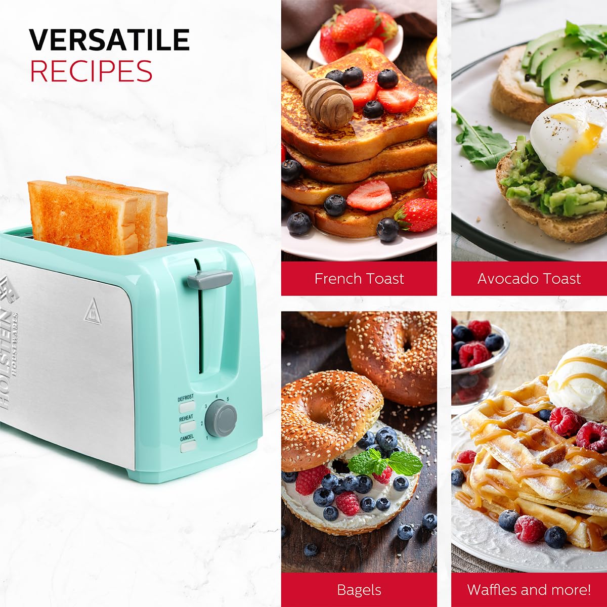 Holstein Housewares 2-Slice Toaster with 7 Browning Settings - Mint & Stainless Steel - Perfect for Toast, Bagels, Waffles - Ideal for Breakfast, Office, Dorm Room & Small Kitchens