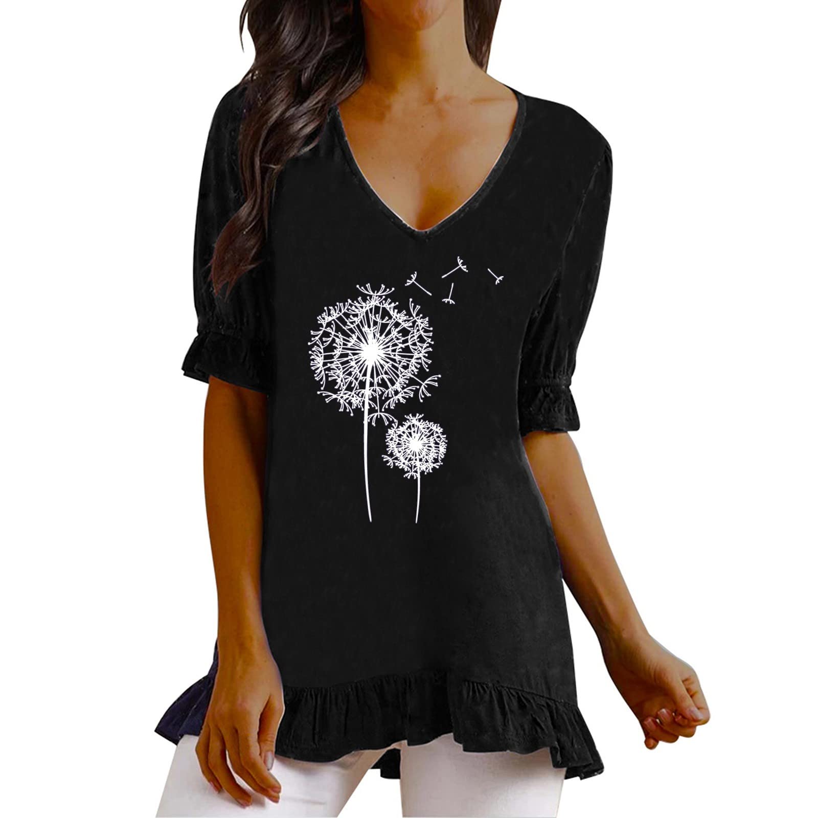 Women's Summer Floral Printed V-Neck Ruffle Short Sleeve T-Shirt - Casual Linen Blouse for Outdoor Activities, Beach Vacations & Daily Wear