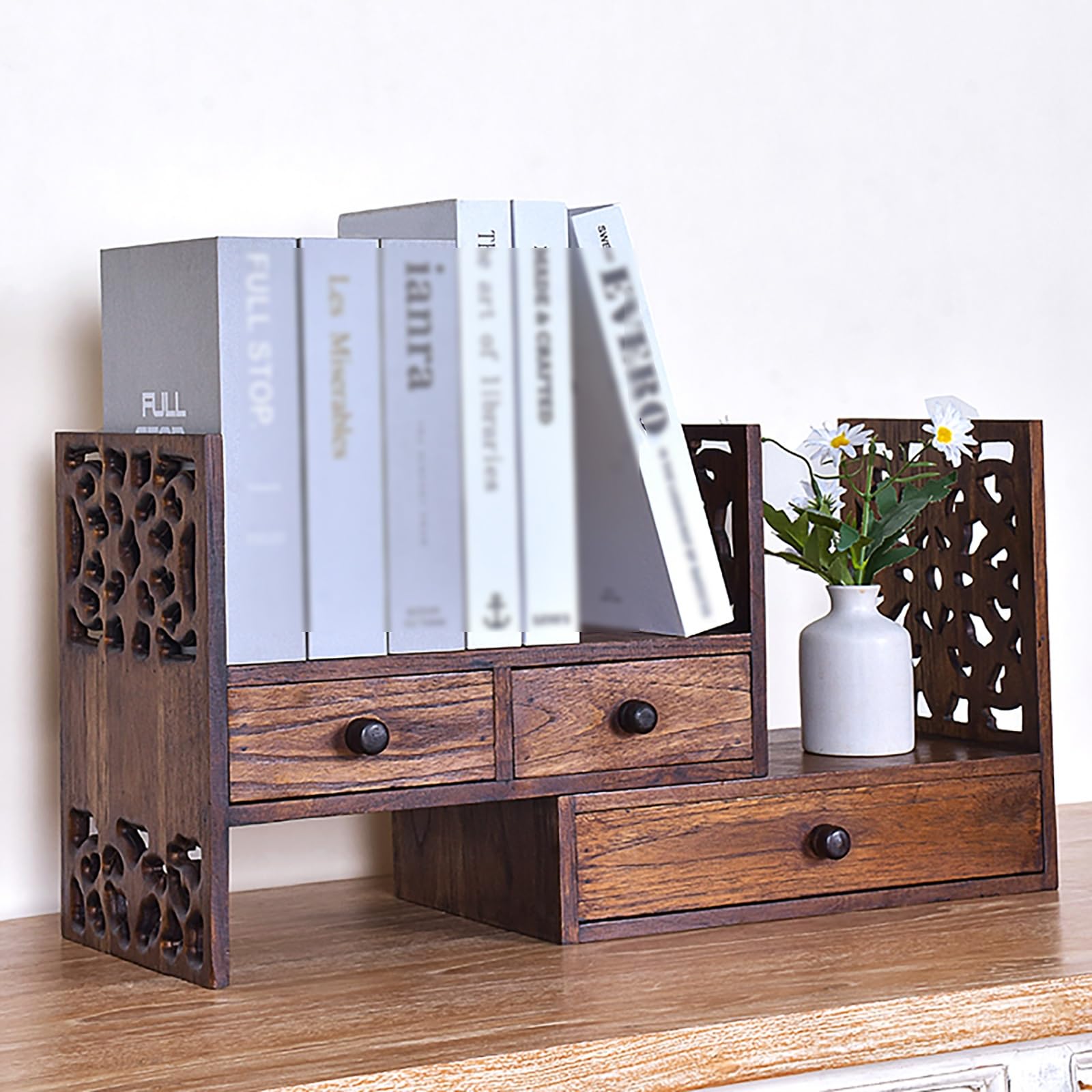 Vintage Solid Wood Display Shelf with Drawer - Space Saving Desktop Bookshelf & Organizer for Home, Kitchen, Office - Perfect for Storing Books, Office Supplies & Kitchen Essentials