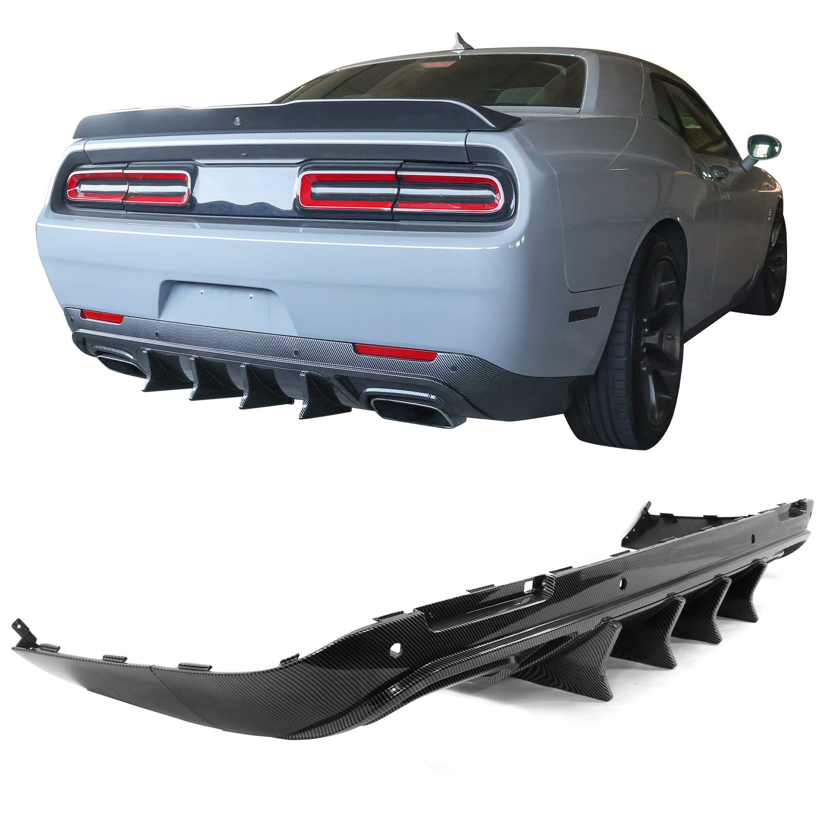 IKON MOTORSPORTS V4 Style Carbon Fiber Print Rear Diffuser for 2015-2023 Dodge Challenger | PP Bumper Lip Spoiler with Shark Fins | Aggressive Styling Upgrade for Street Racing & Car Shows