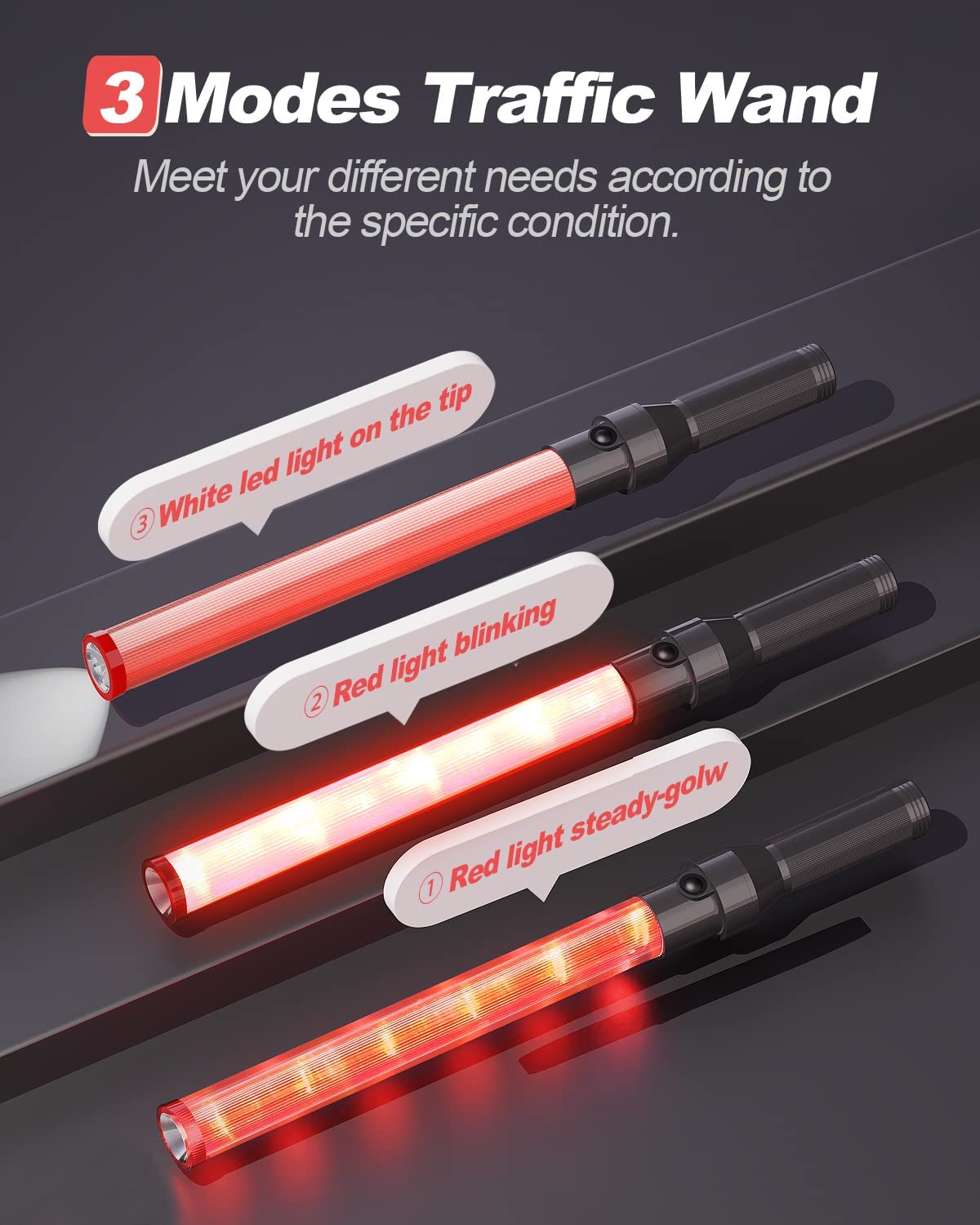 RoadHero 6 Pack 21-Inch LED Traffic Batons - 3 Flashing Modes & White Tip Light for Night Safety - Perfect for Airport Marshaling, Parking Direction, and Traffic Control | Durable Light Wands for Road Safety, Construction Sites & Emergency Signaling