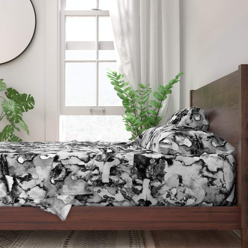 Spoonflower 100% Cotton King Size 4-Piece Sheet Set - Watercolor Abstract Monochrome Gray Black White Brush Stroke Design | Soft & Breathable Bedding for Modern Home Decor