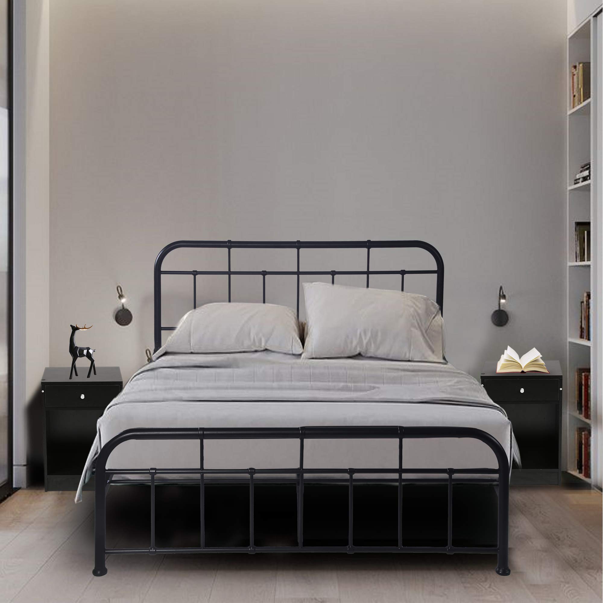 LUCKYERMORE 12 Inch Full Size Metal Bed Frame with Headboard & Footboard - Heavy Duty Iron Platform Bed Foundation, No Box Spring Required - Black - Perfect for Guest Rooms, Dorms & Small Spaces