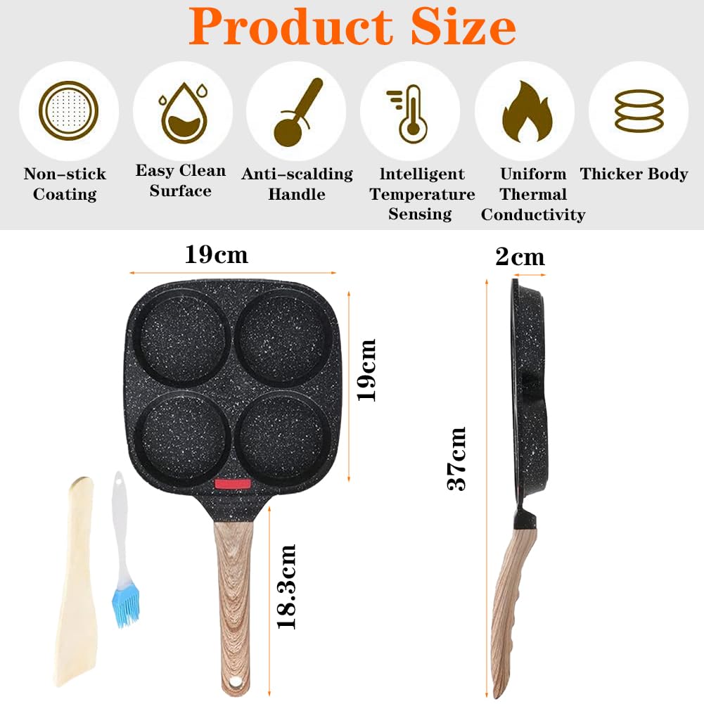 CEWROM Nonstick Pancake Pan with 4 Molds - Aluminum Frying Pan for Eggs, Burgers, Steaks & Omelets - Compatible with Gas & Induction Stoves - Perfect for Breakfast, BBQ, and Home Cooking