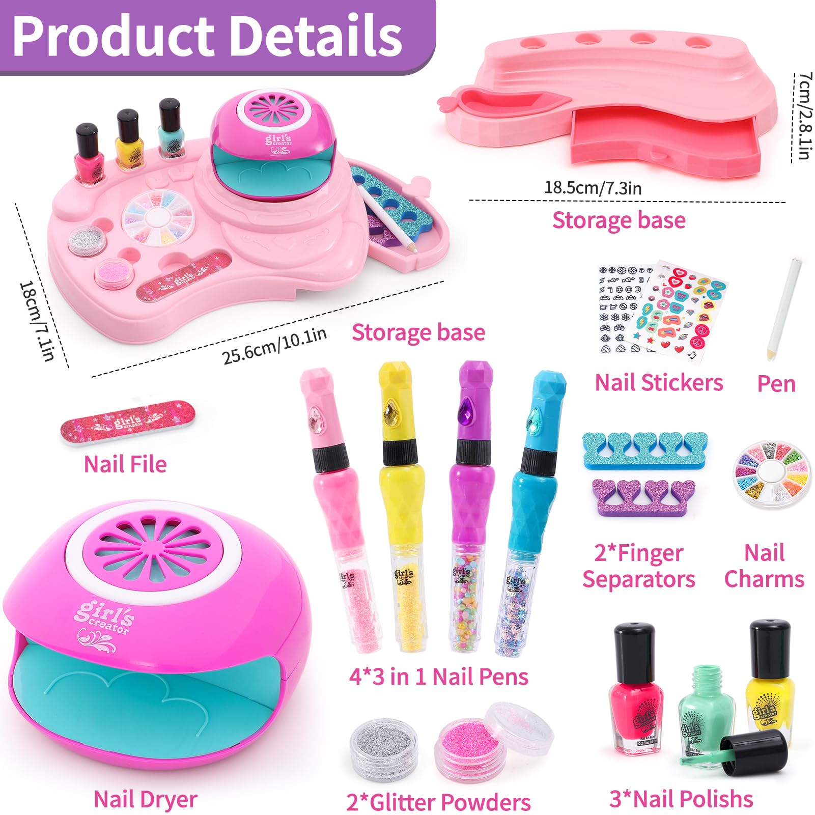 Non-Toxic Kids Nail Polish Set for Girls Ages 4-13 - 4 Nail Art Pens, Mini Nail Dryer, 3 Polish Colors, 2 Storage Bases, Stickers & Glitter Powder - Birthday Gift & Salon Toy Kit for Pretend Play & Creative Nail Art Designs