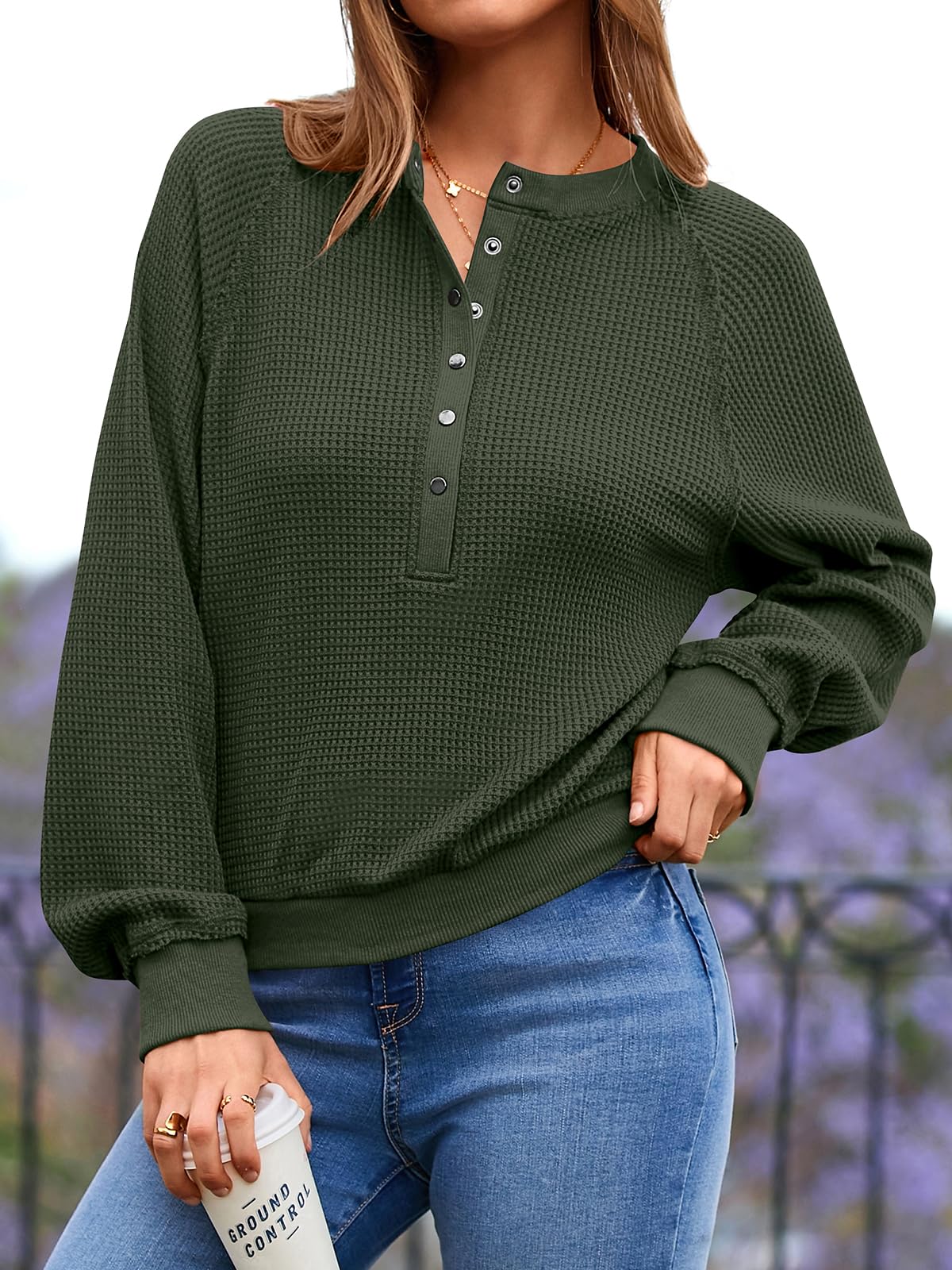 PRETTYGARDEN Women's Long Sleeve Waffle Knit Sweater - Soft Button Down Pullover V-Neck Loose Crop Top for Fall & Winter | Casual Outfits, Layering, Office Wear & Date Nights