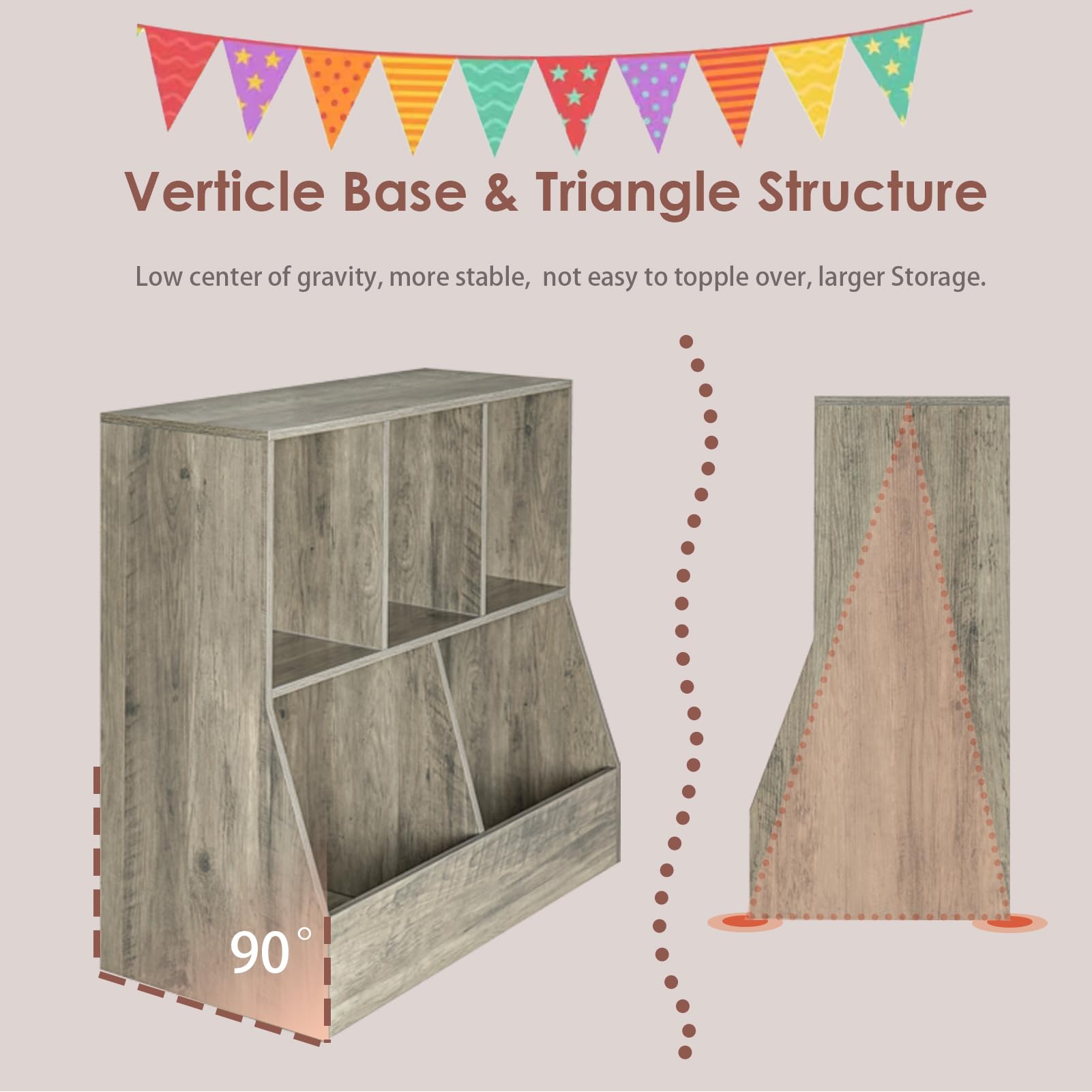 DINZI LVJ Wooden Toy Storage Organizer & Kids Bookshelf - 5-Cubby Children's Bookcase with Gray Wash Finish (31.5