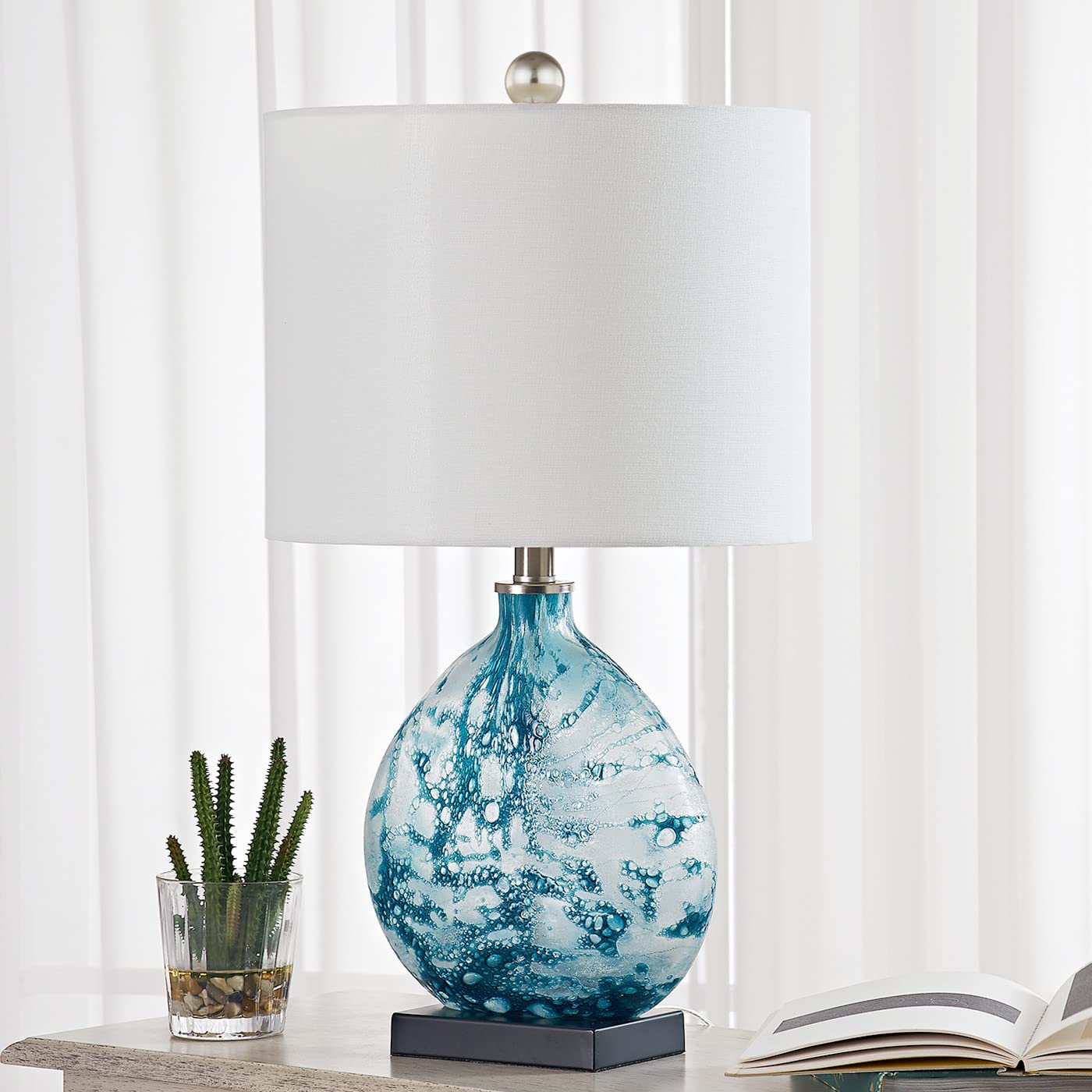 Maxax Coastal Blue Glass Table Lamp - 3-Way Dimmable Bedside Lamp with White Drum Shade for Living Room, Bedroom & Nightstand | Perfect for Coastal Decor, Reading Nook & Bedside Lighting
