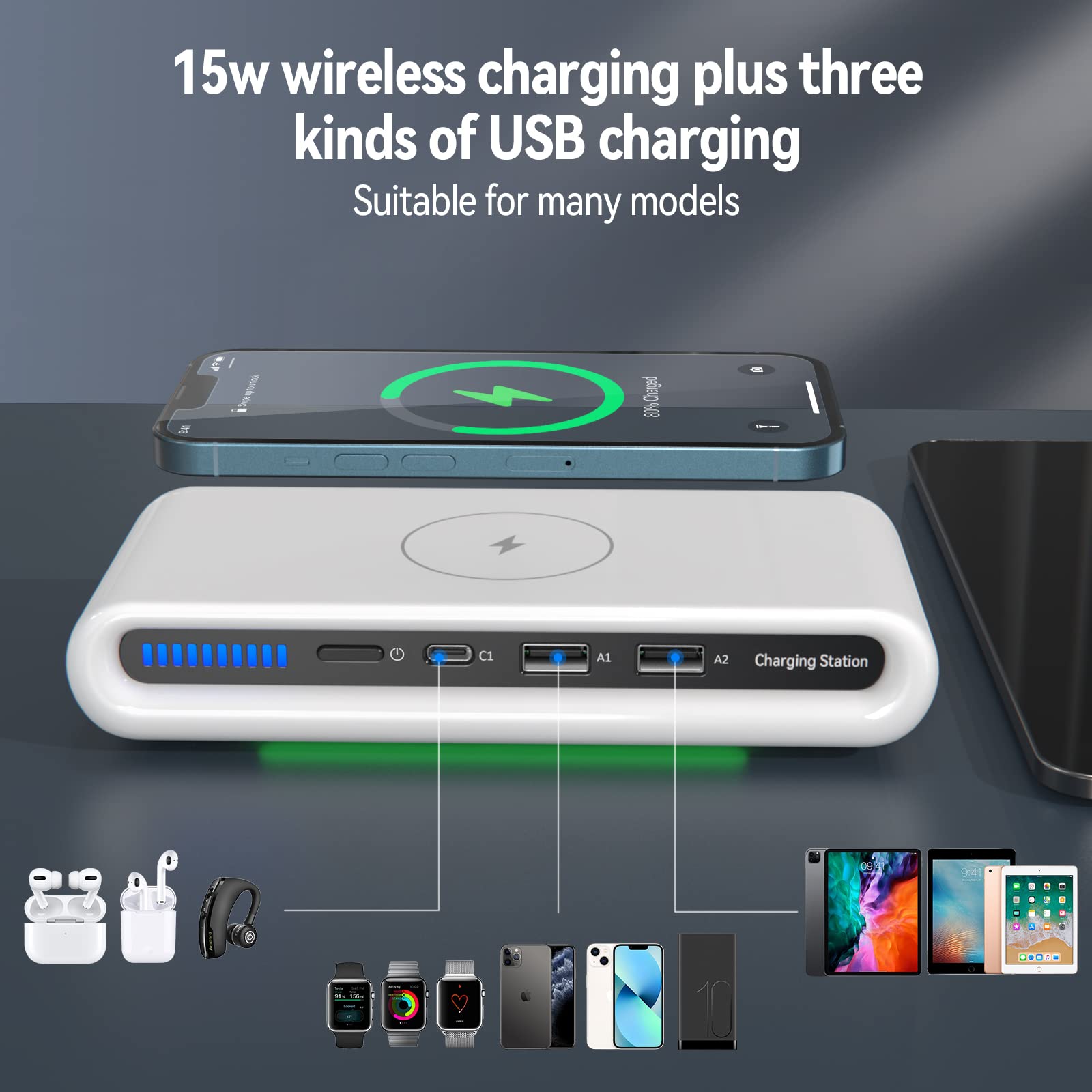 30W Fast Wireless Charging Station with USB-C Ports - Multi-Device Charger for iPhone 15/14/13/12/Pro Max, Google Pixel - Perfect for Home, Office & Travel Use
