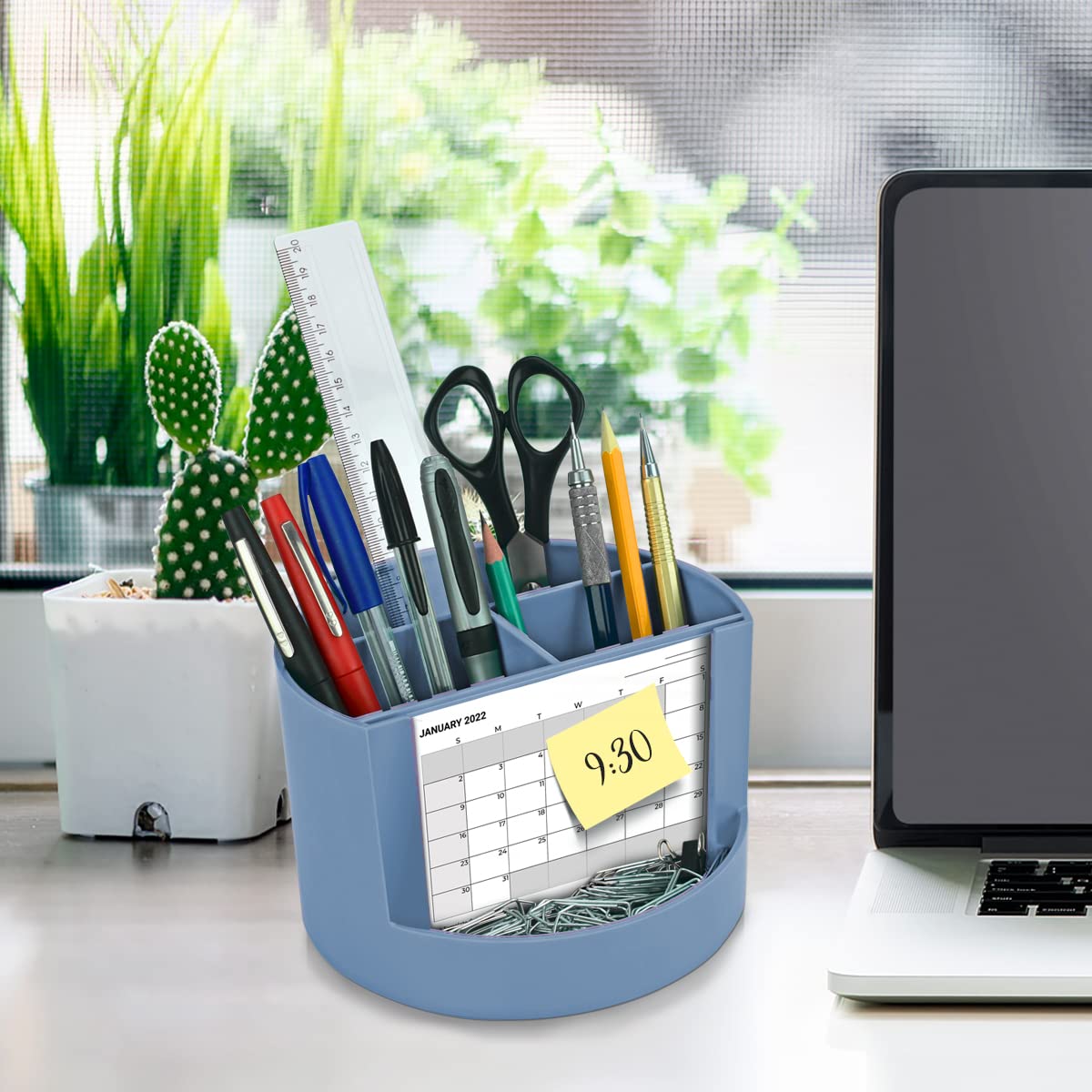 Acrimet Compact Desktop Organizer - 4 Spacious Slots Round Pencil Holder with Photo Frame | Perfect for Office Desk, Art Supplies Storage, Vanity Organizer & Home Organization | Durable Solid Blue Plastic | Great for Workstations, Craft Rooms & Bedroom Vanities