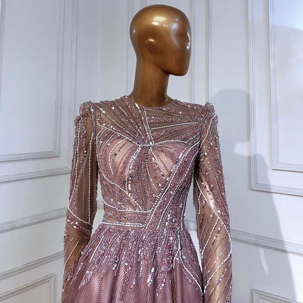 Serene Hill Muslim Pink A-Line Beaded Luxury Evening Dress Gown for Women - Wedding, Party, Prom, Formal Events - Elegant Long Sleeve Floor-Length Dress LA71290A