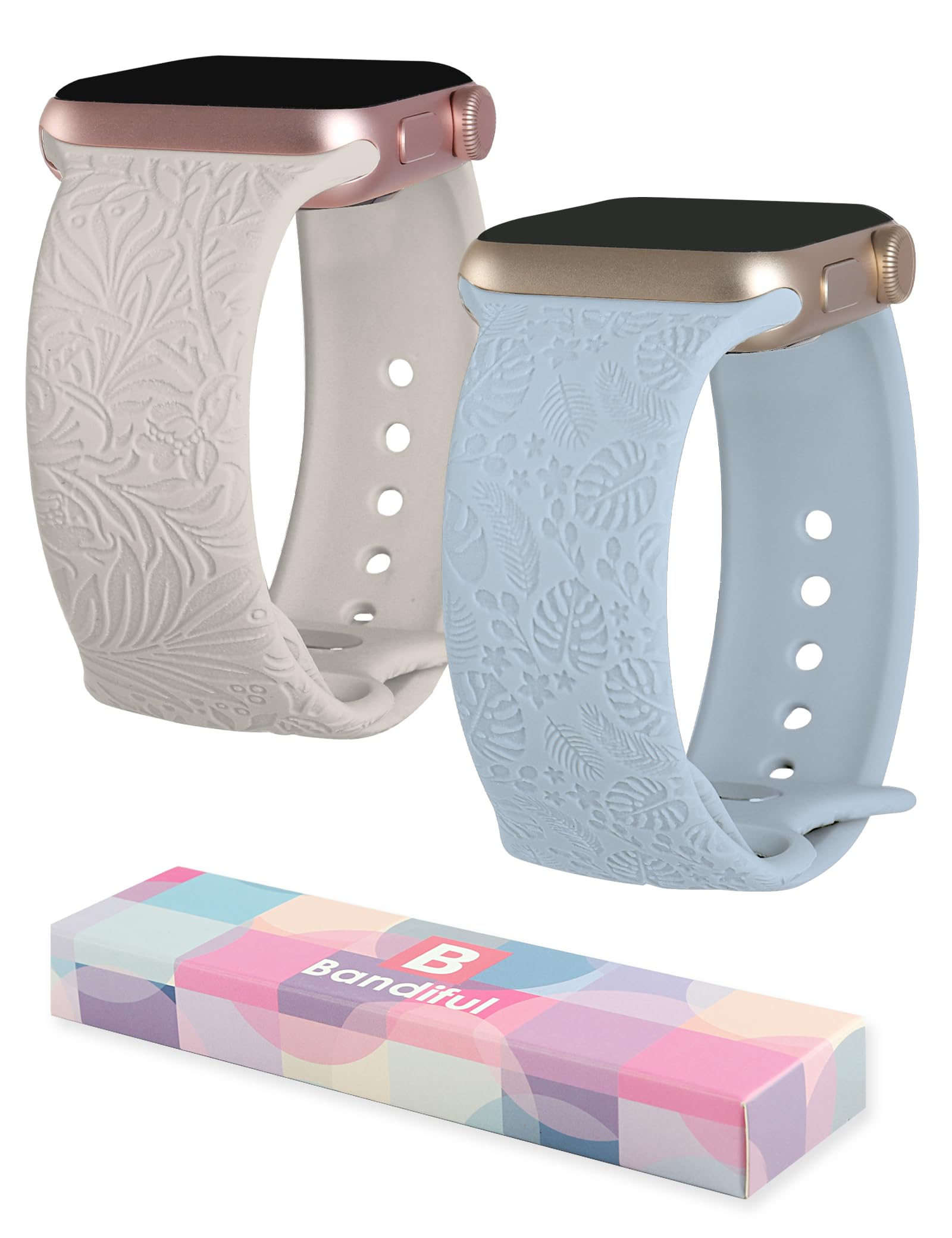 Boho Engraved Tropical Plants Apple Watch Band 2 Pack - Compatible with 38mm 40mm 41mm 42mm 44mm 45mm 49mm iWatch Series 8/7/6/5/4/3/2/1/SE/Ultra - Stylish Replacement Strap for Women - Perfect for Workouts, Travel & Everyday Fashion Accessory