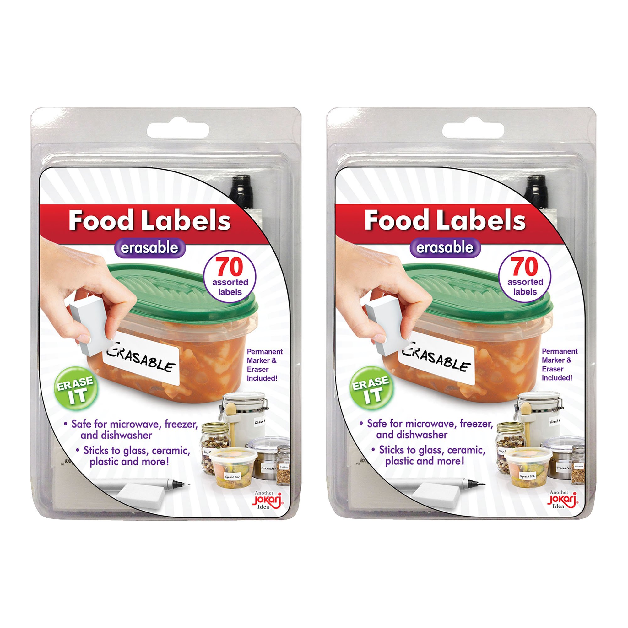 Jokari Reusable Erasable Food Labels - 2-Pack Starter Kit with Marker & Erasers, Multi-Color Freezer-Safe Labels for Kitchen Organization | Microwave & Dishwasher Safe | Perfect for Meal Prep, Leftovers & Pantry Storage